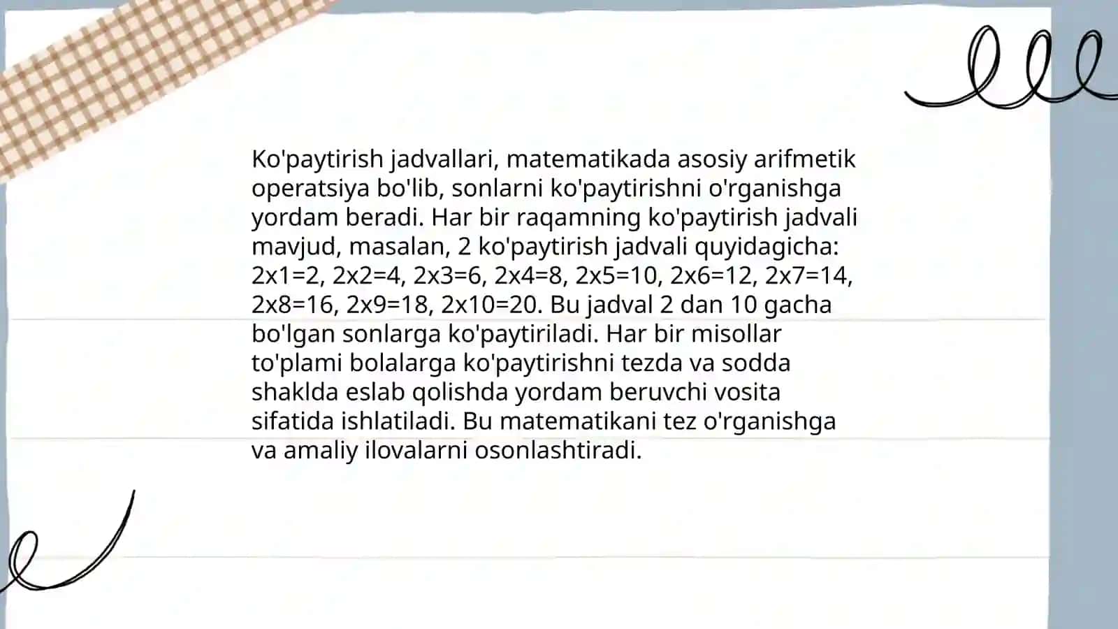 Qo'shish va ko'paytirish jadvallari 4
