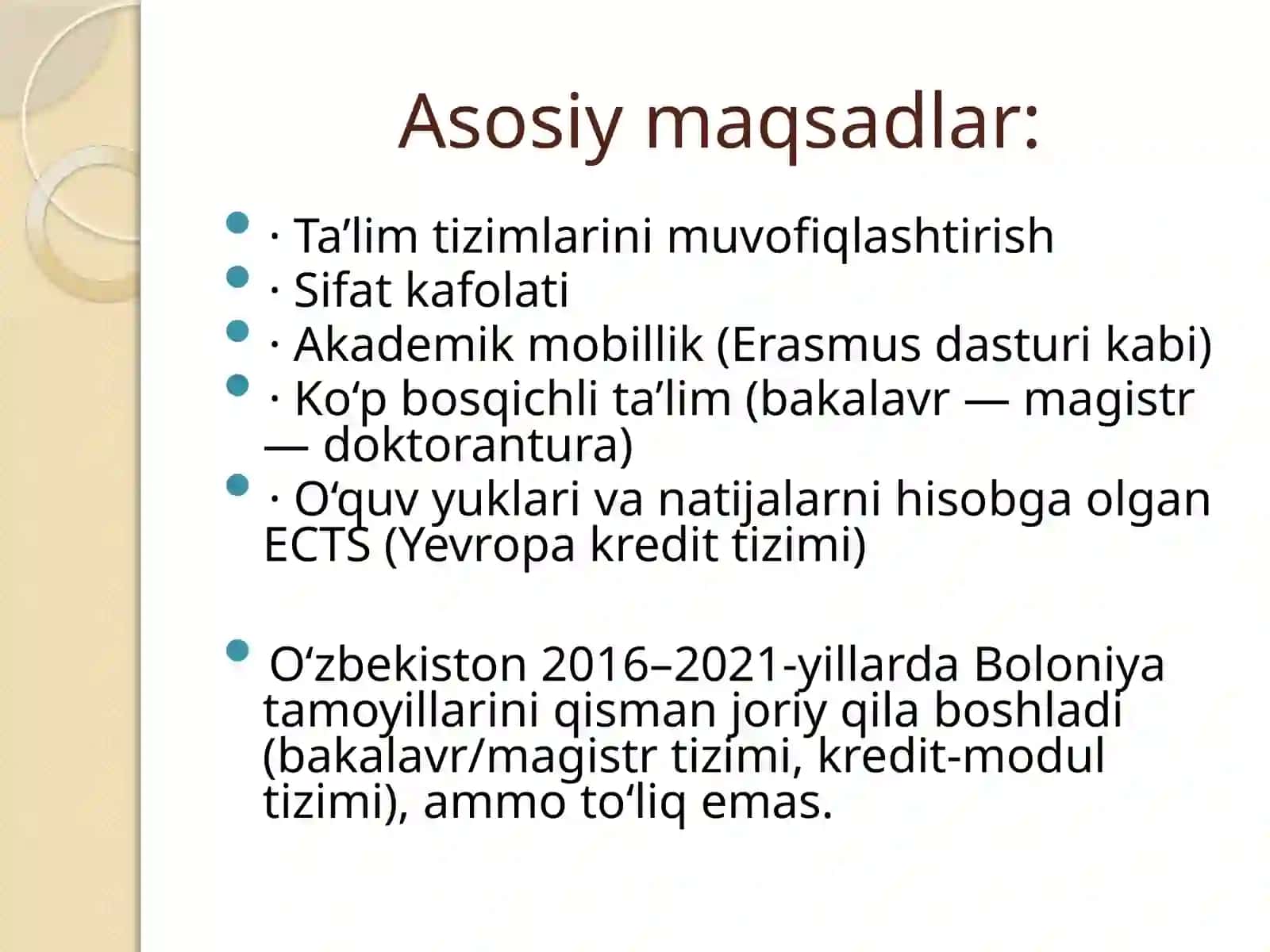 Oliy ta'lim va Boloniya jarayoni tushunchasini aqlash va umumlashtirish 4