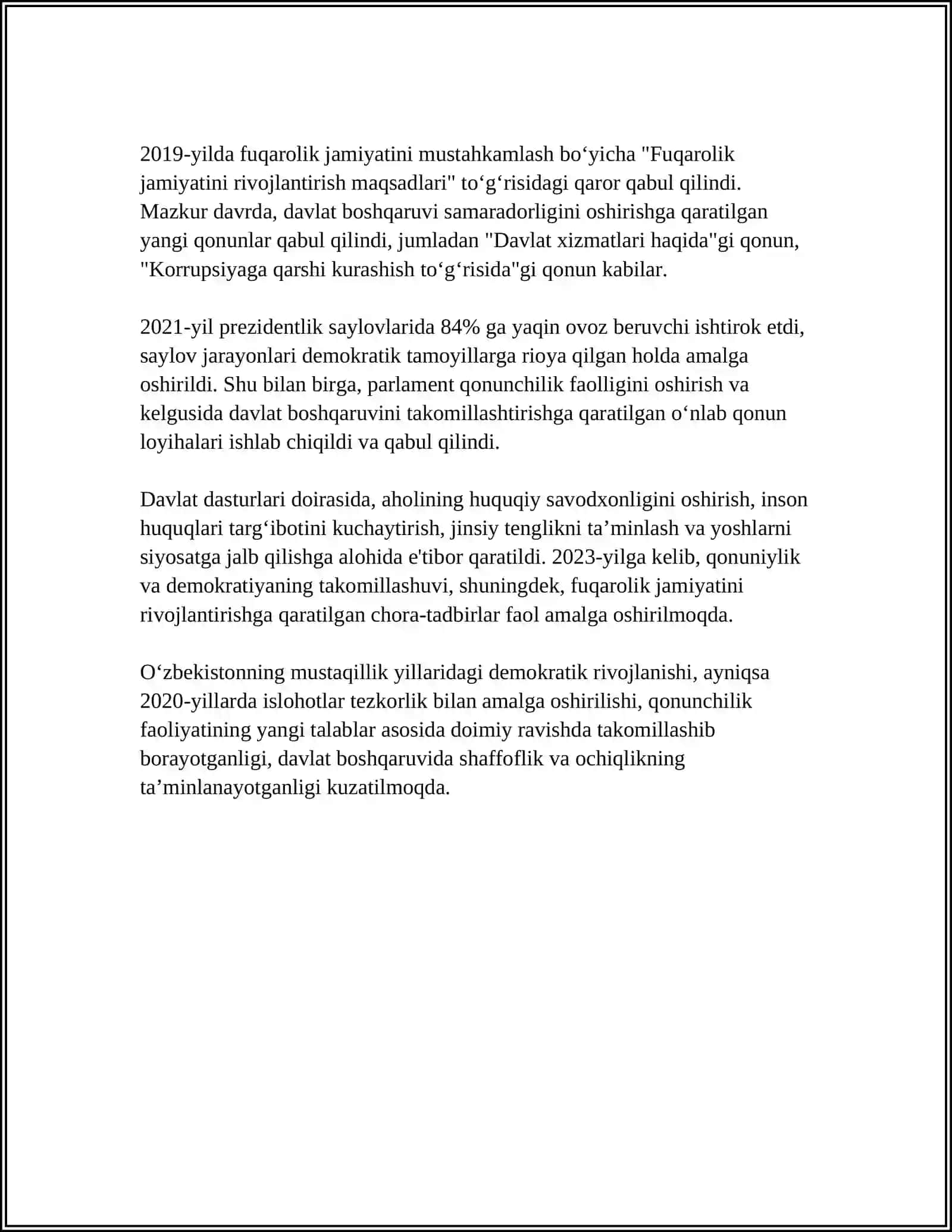 O‘ZBEKISTONDA DEMOKRATIK FUQAROLIK JAMIYATI ASOSLARINING SHAKLLANISHI AMALGA OSHIRILGAN SIYOSIY ISLOHOTLAR 4