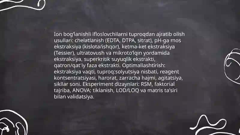 Tuproq va suvdagi ion bogʻlanishli ifloslovchi moddalarni aniqlash 4