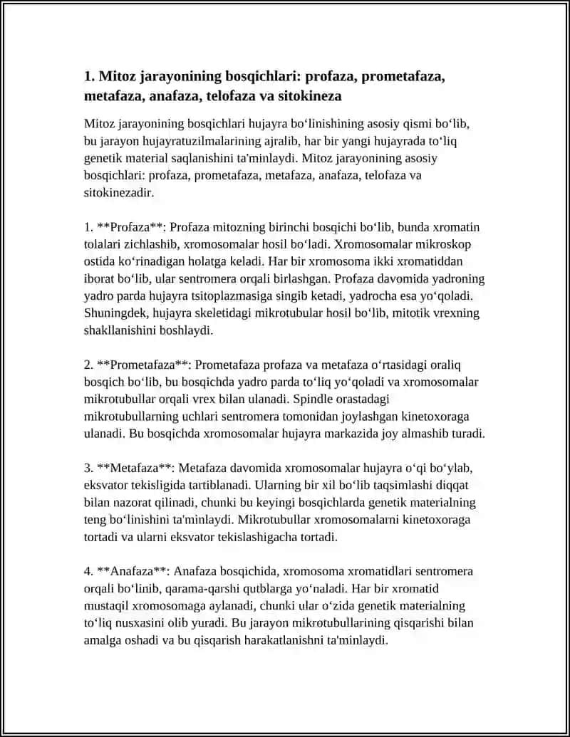 MITOZ VA MEYOZ JARAYONI: HUJAYRA BOLINISHINING MOLEKULYAR, MORFOLOGIK BOSQICHLARIVA BIOLOGIK AHAMIYATI 4