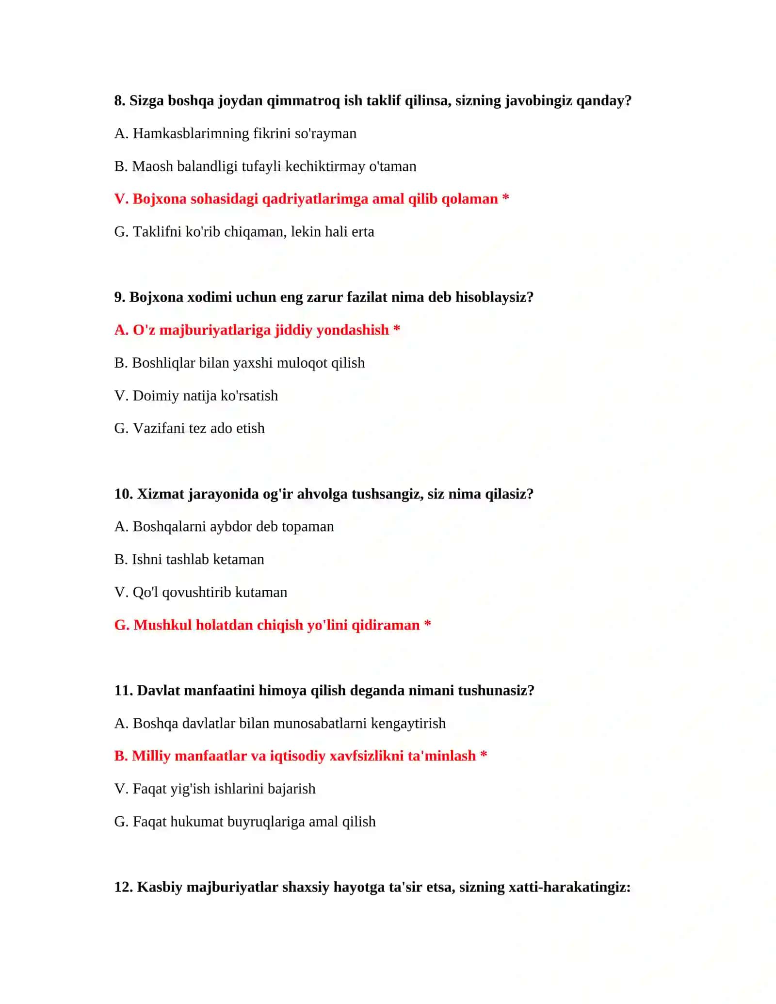Bojxona psixologik test savollari va javoblari 4