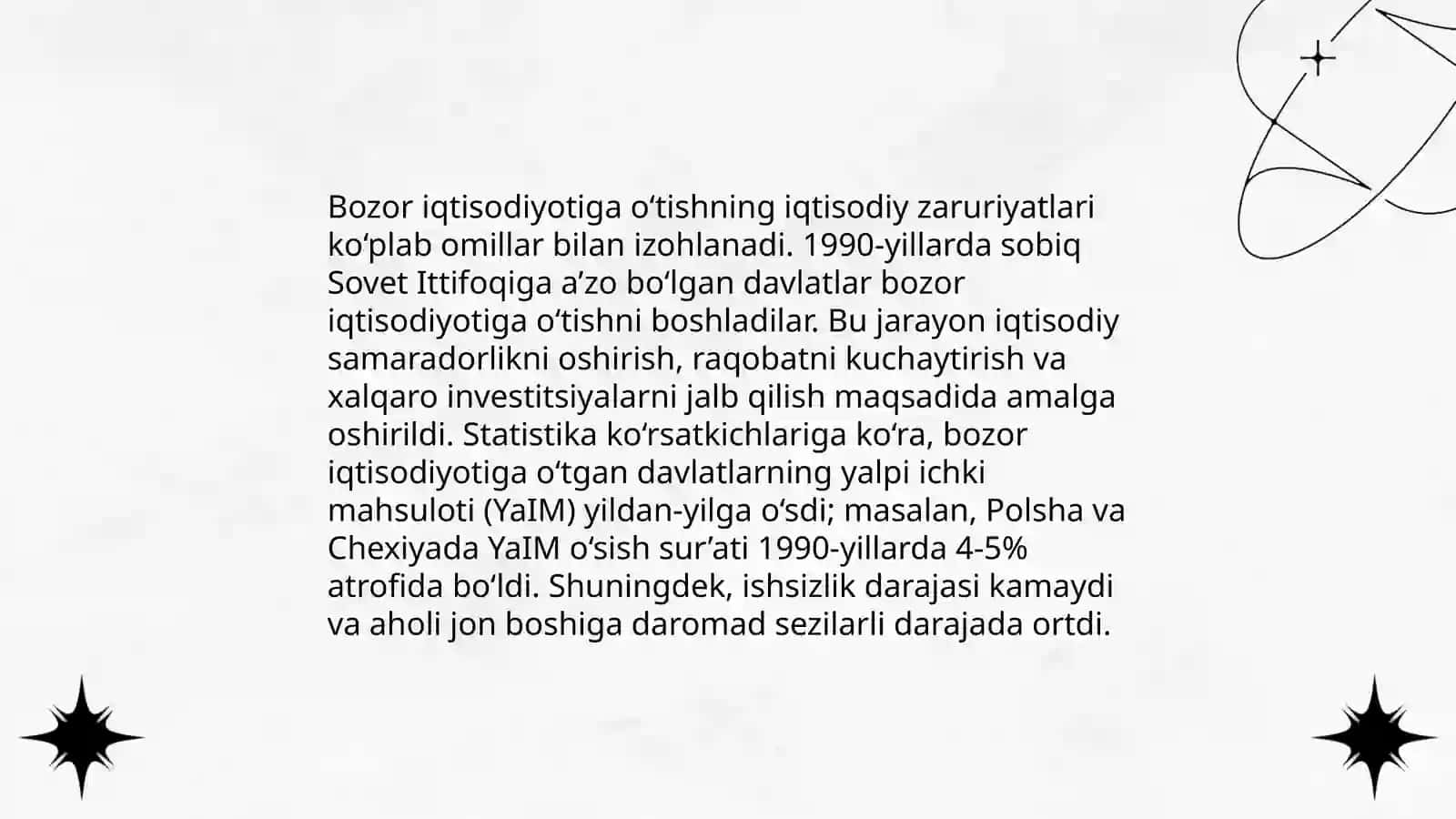 O’zbekistonda bozor iqtisodiyotiga o’tishning zaruriyati va bozor iqtisodiyotining hozirgi holati bo’yicha taqdimot tayyorlash 4