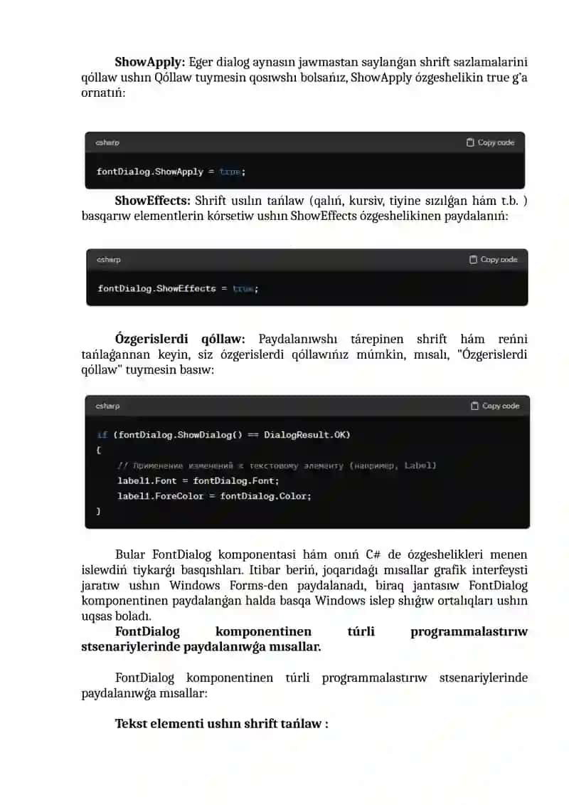 FontDialog komponentası menen islew. Qásiyetleri hám waqıyaları. 4