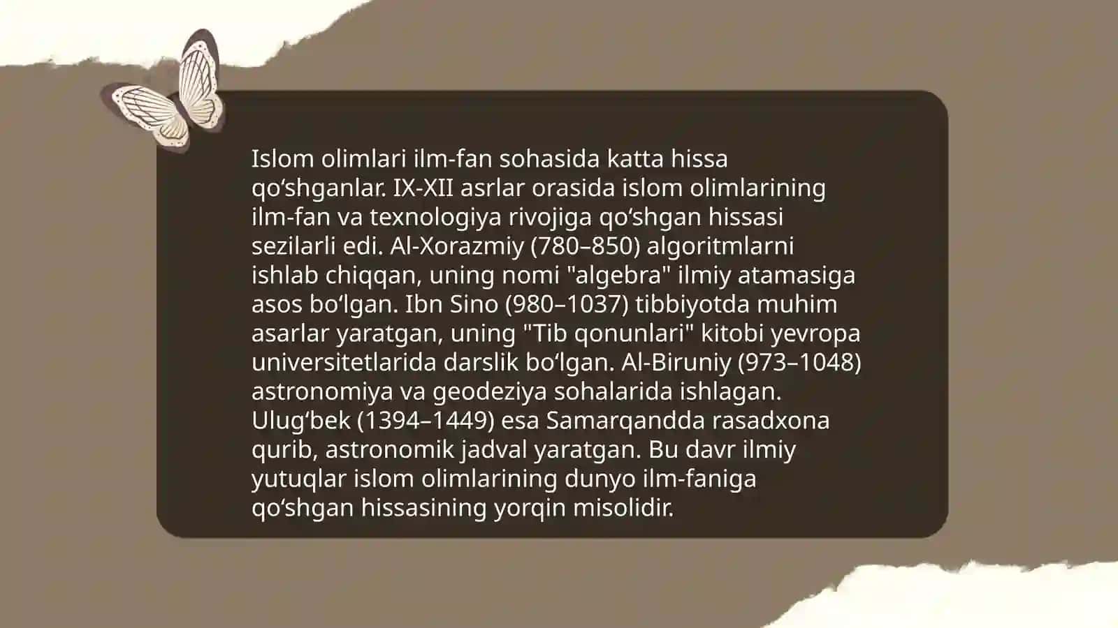 Shayx Muxammad Sodiq Muhammad Yusufning "Olam va odam, din va ilm" asarida musulmon allomalarining jahon ilm-fan rivojiga qoʻshgan xissasi 4