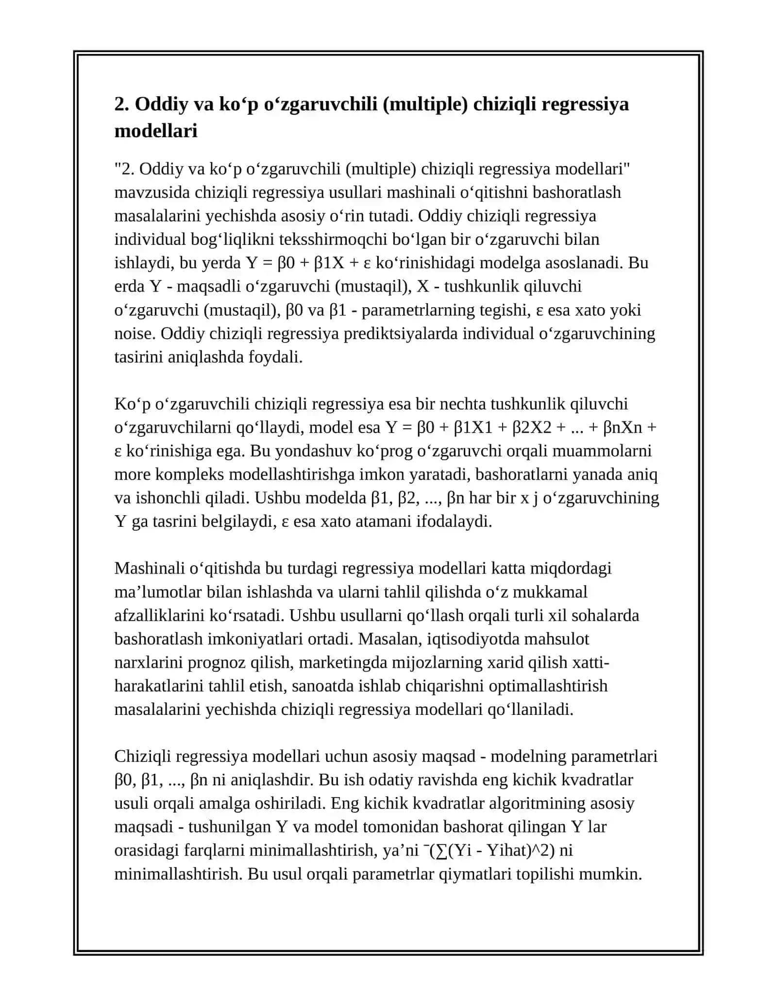 MASHINALI O‘QITISHNING CHIZIQLI REGRESSIYA USULLARI ASOSIDA BASHORATLASH MASALALARINI YECHISH 4