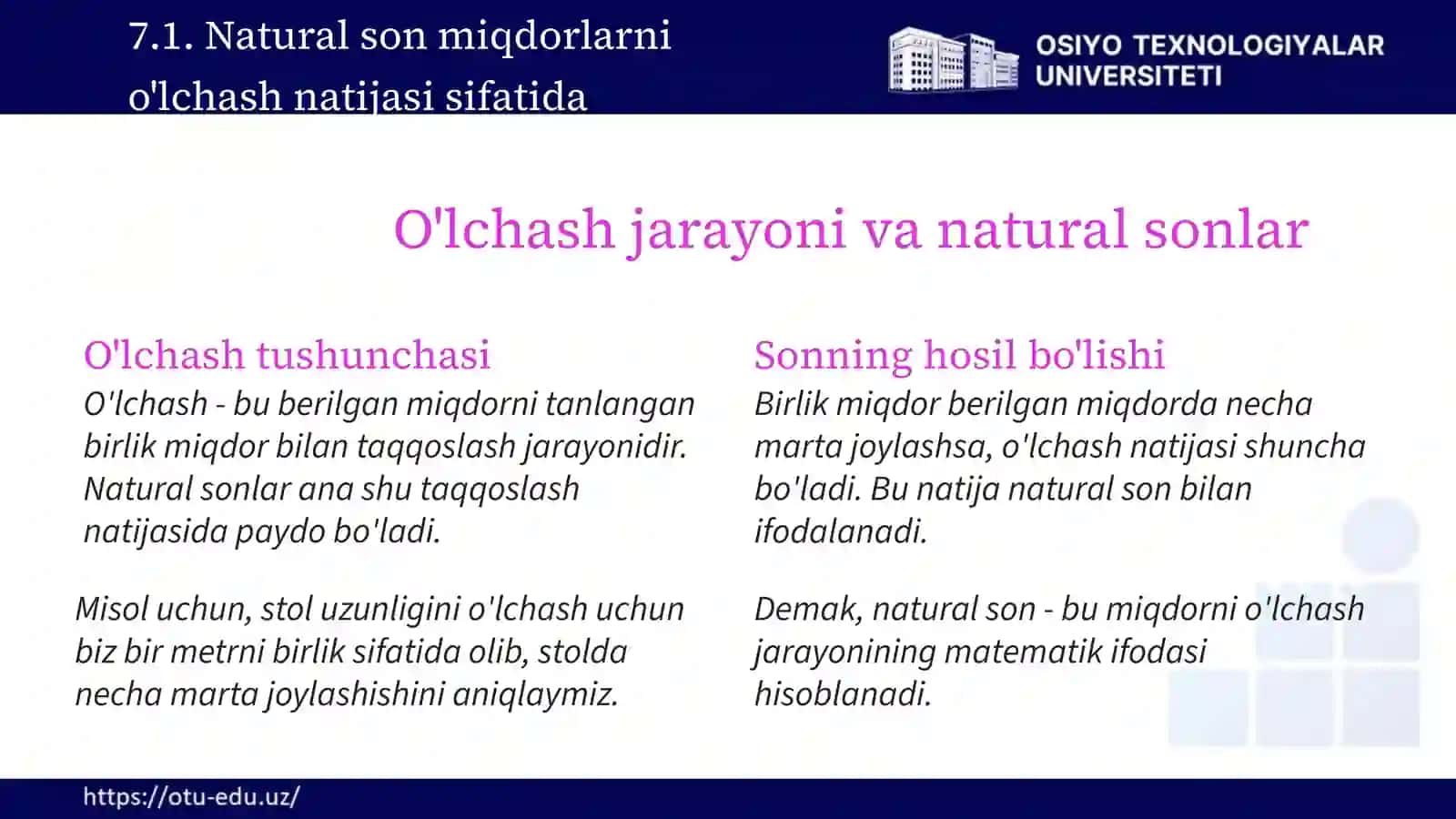O'lchash natijasi sifatida natural son miqdorlarni o'lchash 4