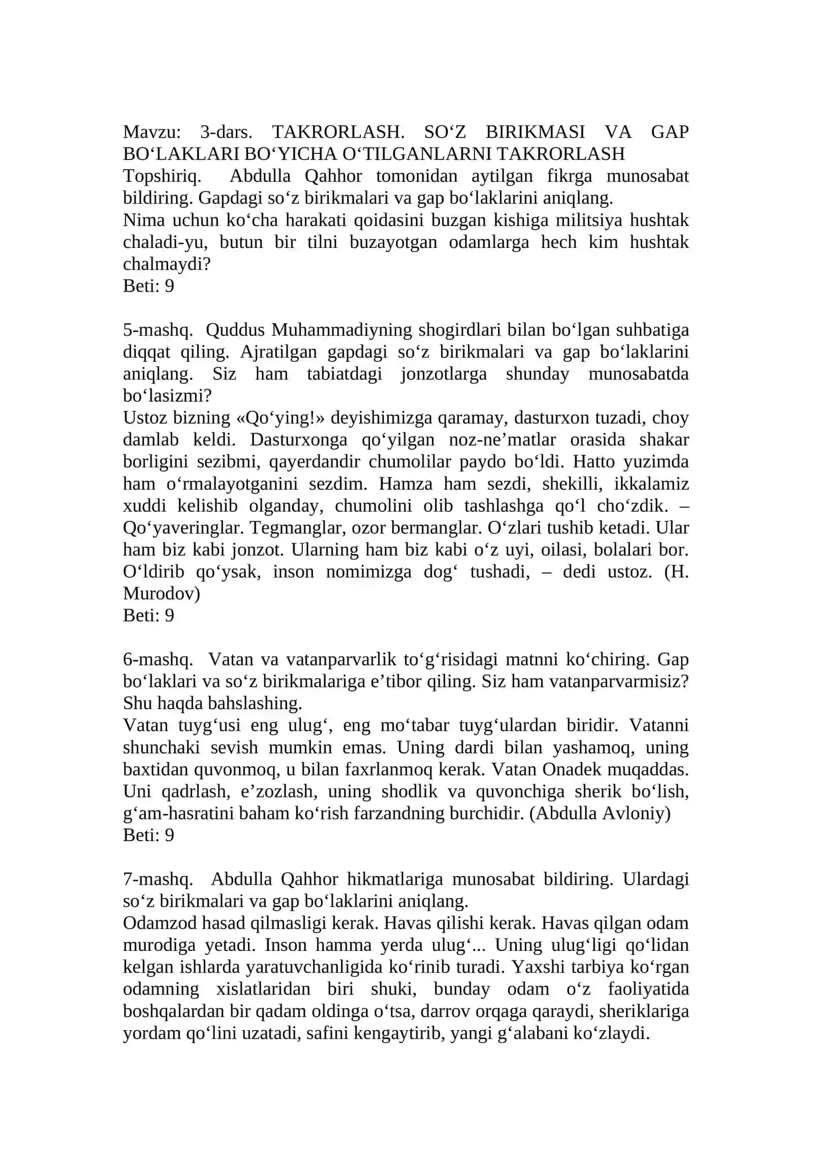 SINF ONA TILI DARSLIGIDAGI MASHQLAR 4