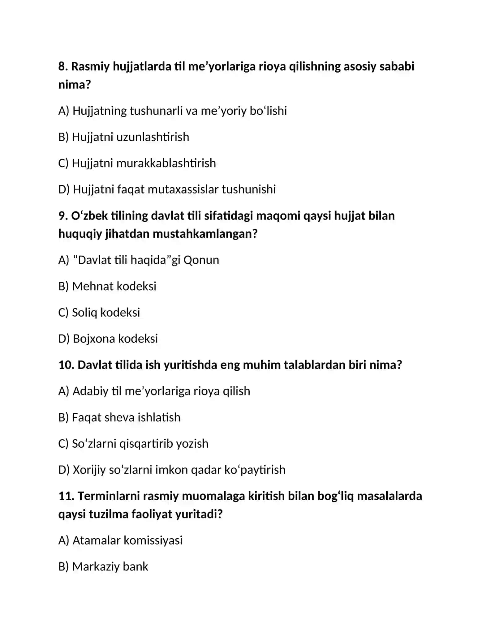 Davlat tili bo‘yicha 250 ta test savollari va javoblari | O‘zbek tili | Ishga kirish testlariga tayy 4