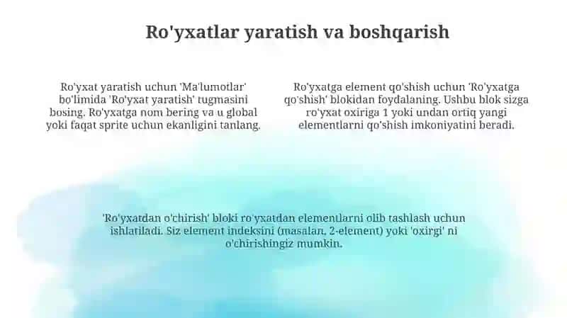 Scratch muhitida ro'yxatlar bilan ishlash 4