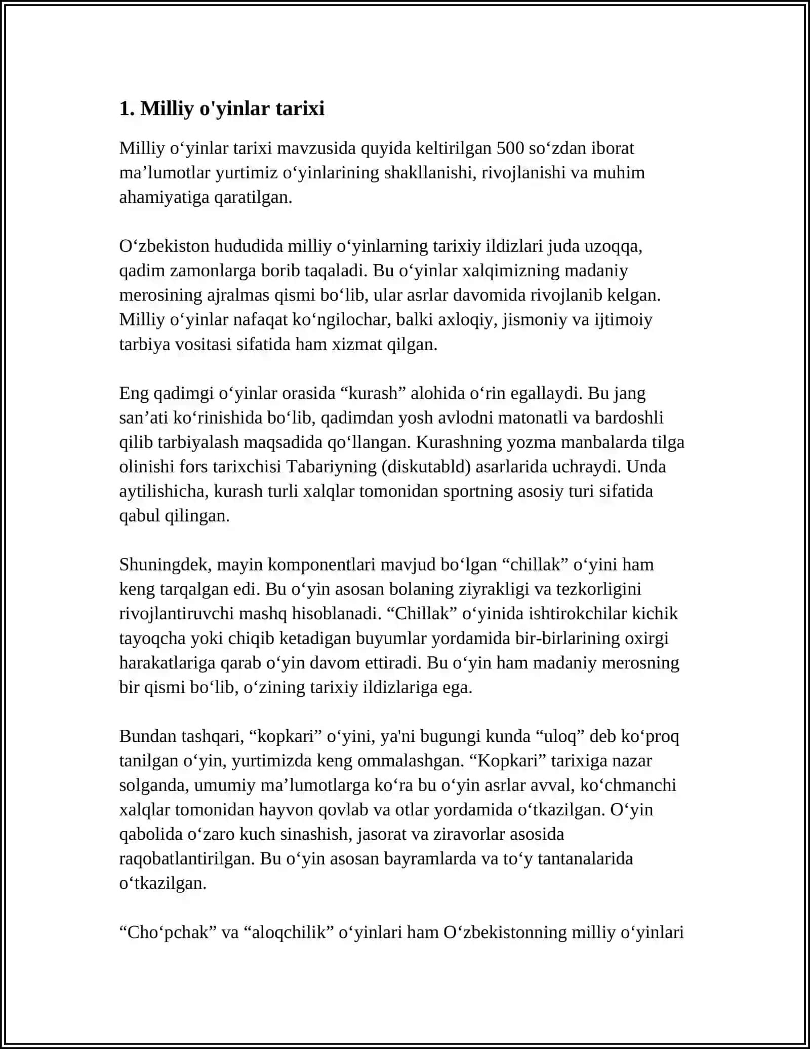 MILLIY VA HARAKATLI OʻYINLAR TARIXI VA QISQACHA TUSHUNCHA, TURKUMLARI, RIVOJLANTIRISH BOSQICHLAR VA PEDAGOGIK AHAMIYATI 4