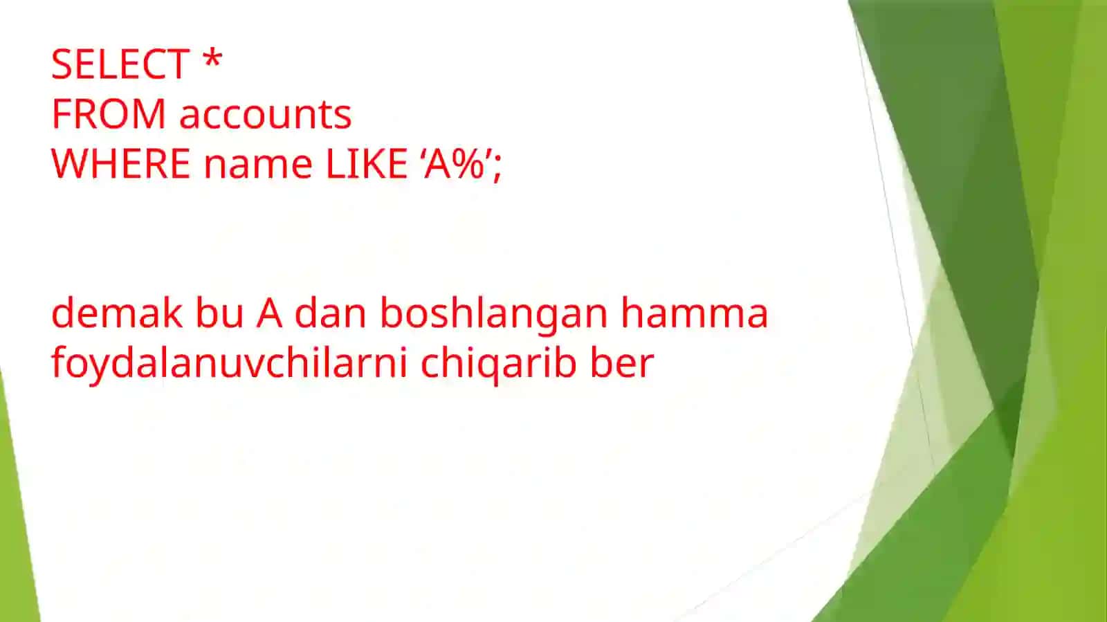 SQL SERVERDA LIKE VA LIMIT TUSHUNCHALARI VA ULARNING QO’LLANILISHI 4