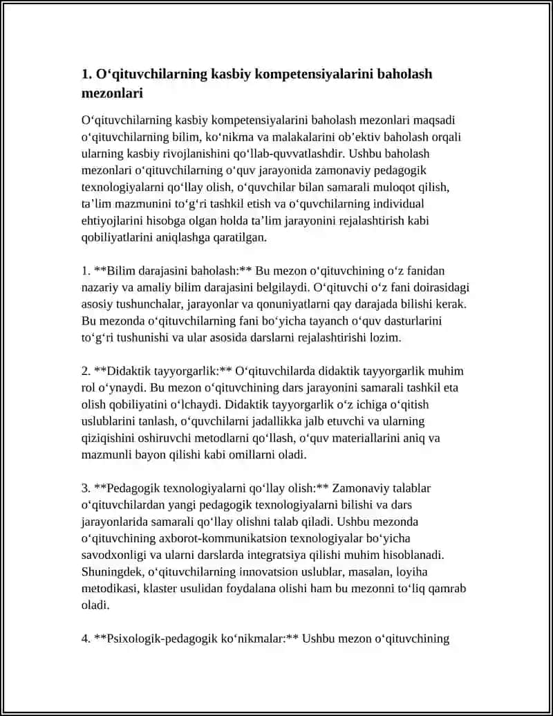 OʻQITUVCHILARNING BILIM KOʻNIKMA VA MALAKALARNI TASHXIS ETISH 4