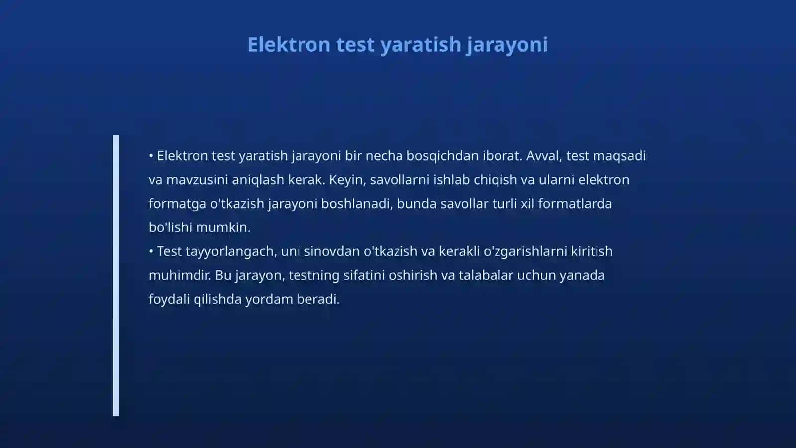 Soha bo'yicha elektron test yaratish texnologiyasi Axborot texnologiya fanidan 4
