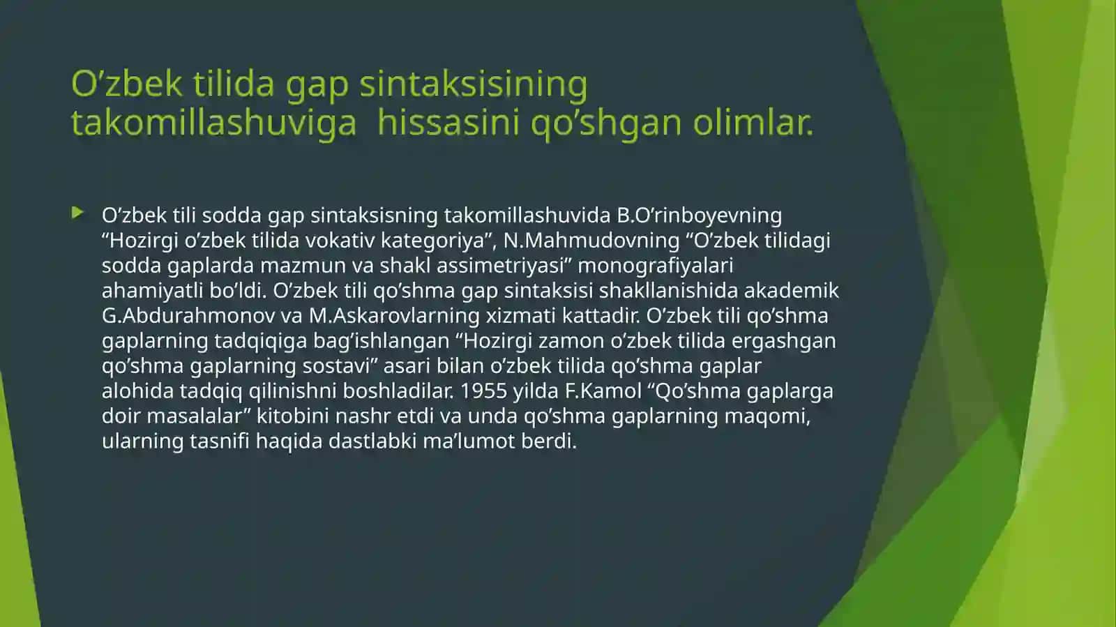 O’zbek tilshunosligida sintaksisning  o’rganilishi 4
