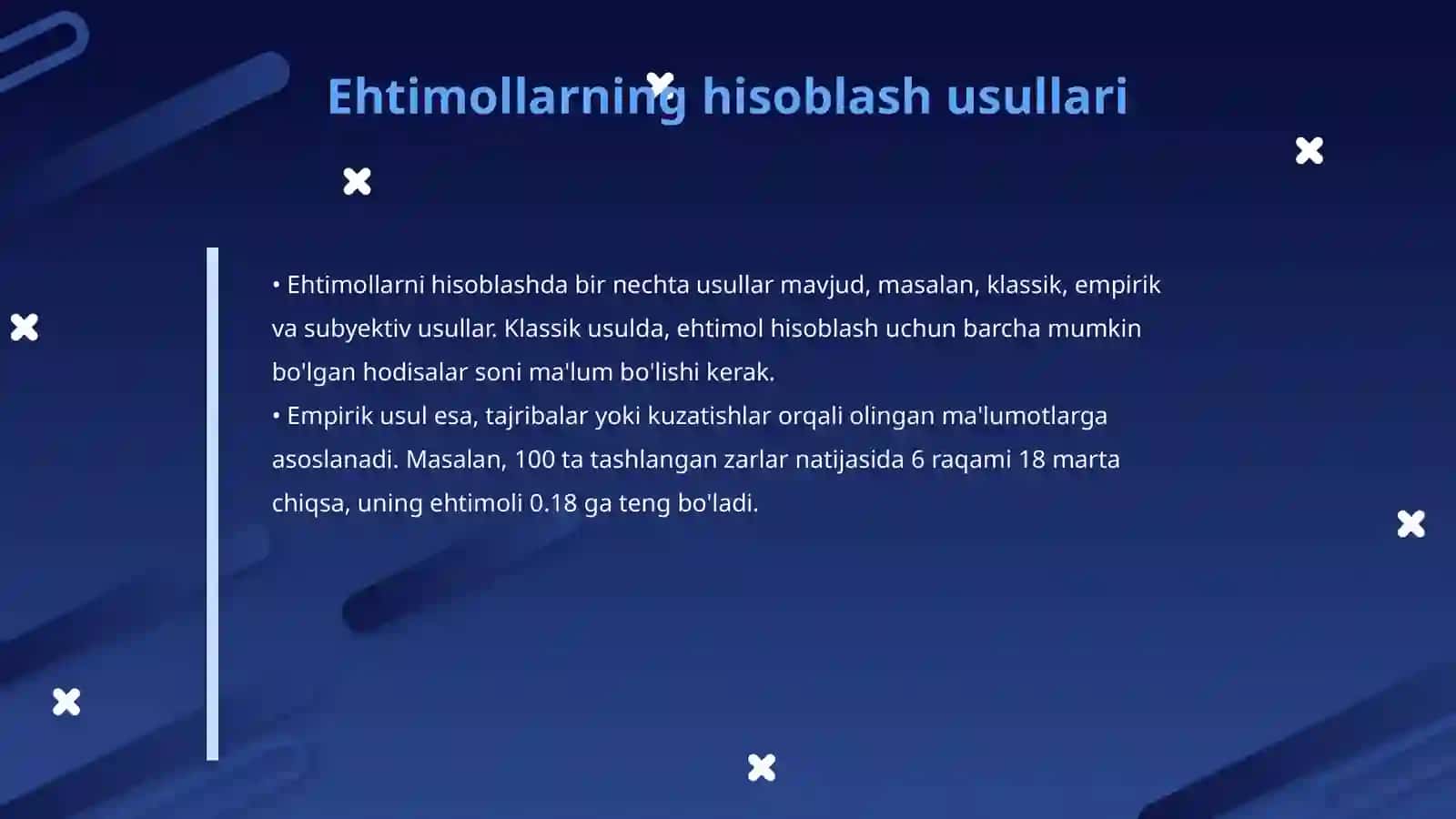 Ehtimollar nazariyasining asosiy qonuniyatlari va taqdimot funksiyalari 4