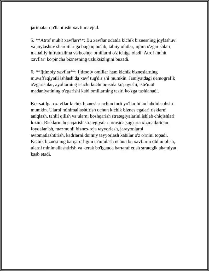 KICHIK BIZNES TAHLIKASI VA SUGʻURTASI HAMDA ULARNING BARQARORLIGI 4