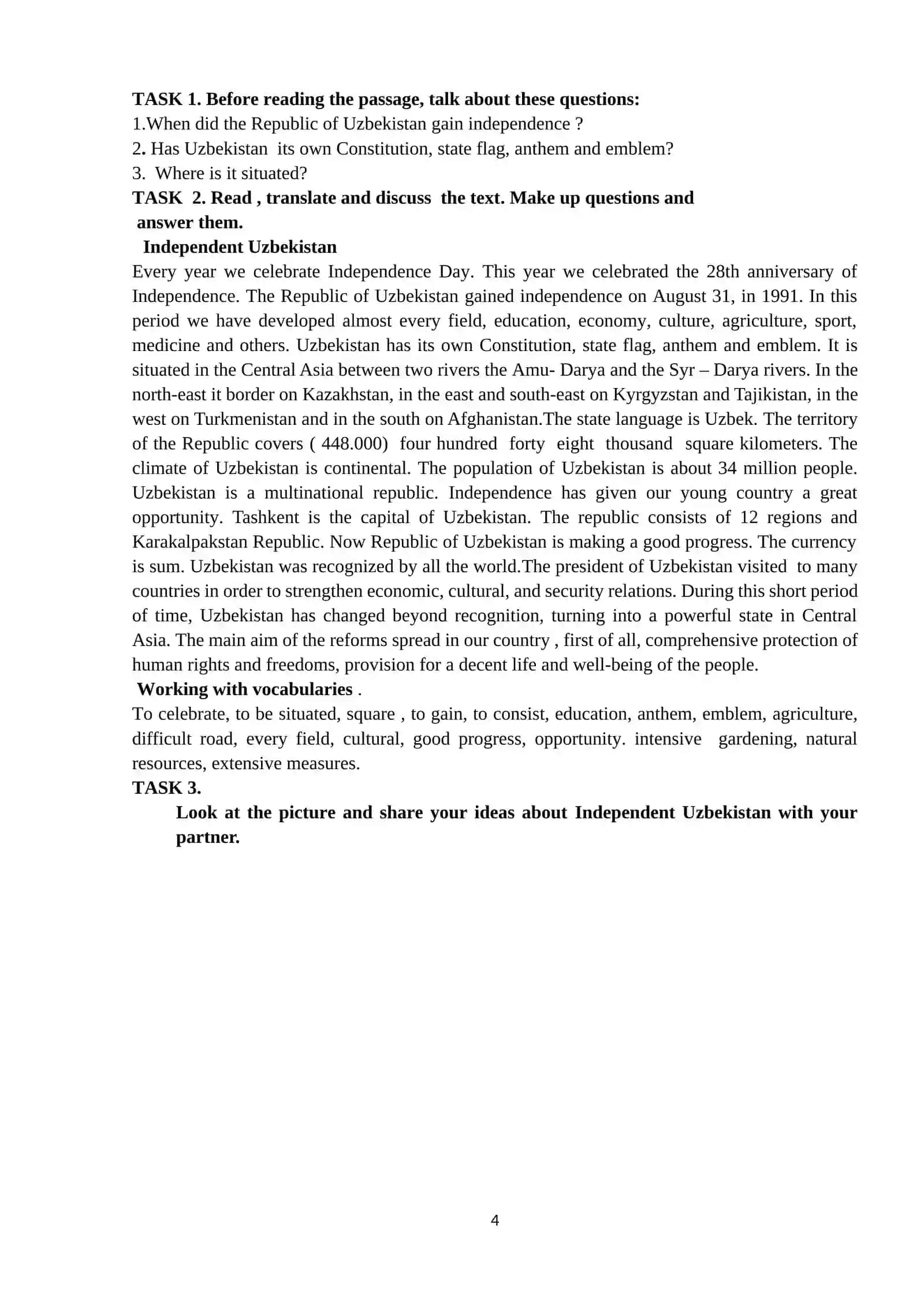 Lesson 1: Independent Uzbekistan.Noun 4