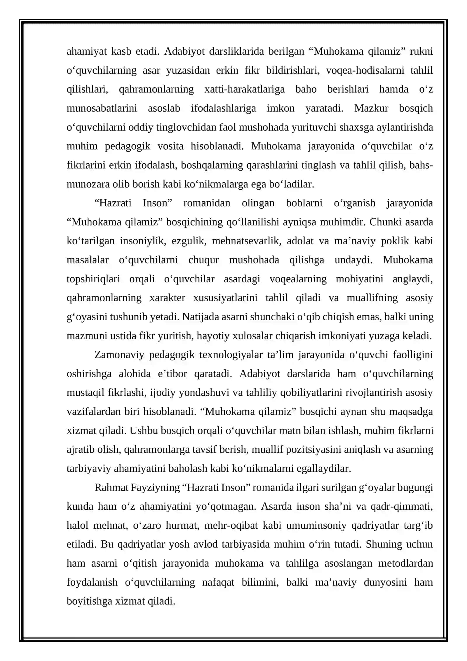 Rahmat Fayziy “Hazrati Inson” romanidan bob “Muhokama qilamiz” bosqichi topshiriqlari bilan ishlash 4