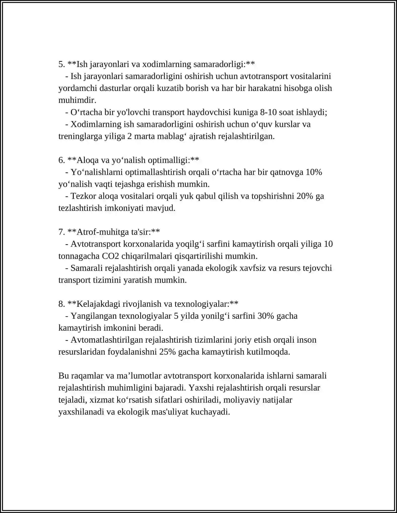 AVTOTRANSPORT KORXONALARI VA BOSHQA TRANSPORT TASHKILOTLARIDA ISHLARNI REJALASHTIRISH VA TAQSIMLASH 4