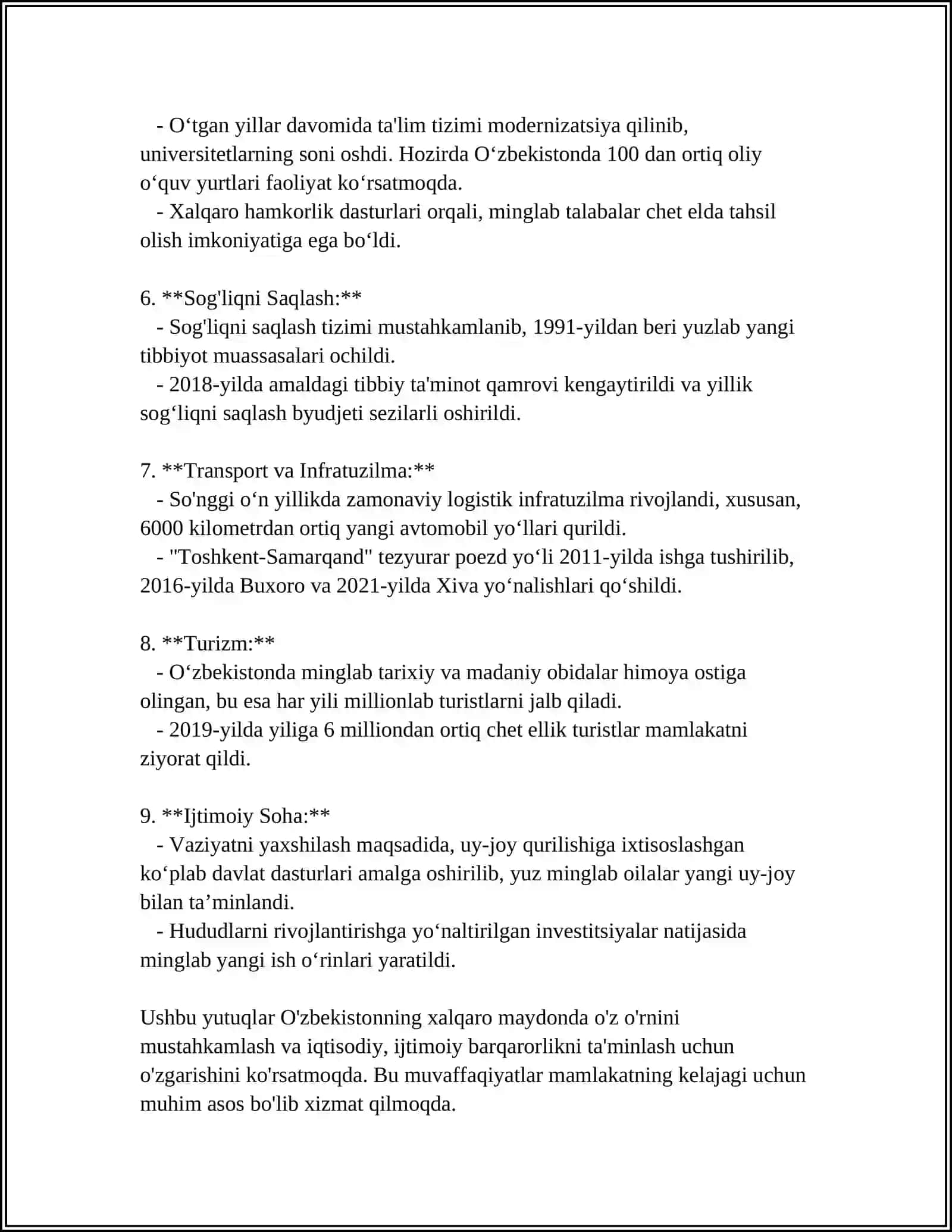 O'zbekistonning mustaqillik yillaridagi yutuqlari 4