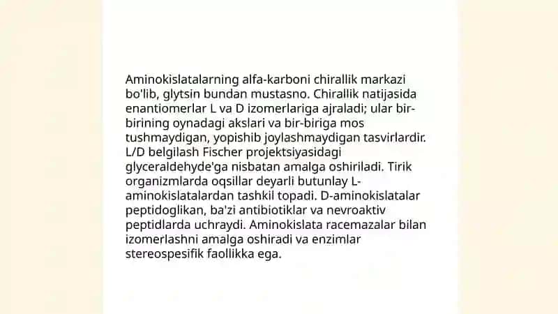 Tirik organizimlardagi a-aminokislatalar. Oqsillar va ularning biologik funksiyalari 4
