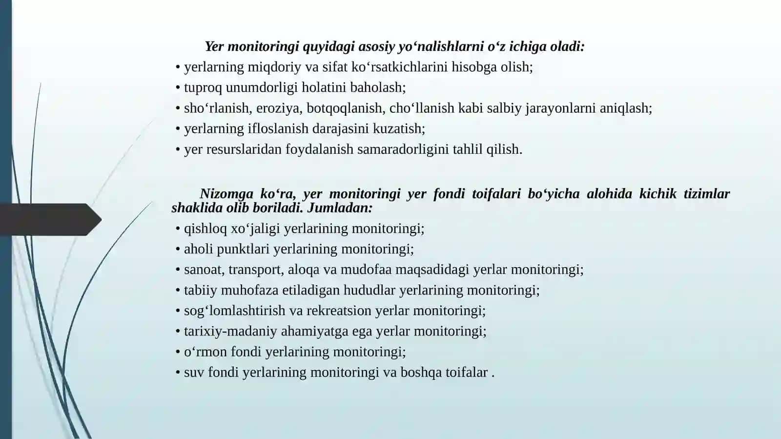 Yer monitoringi haqida O‘zbekiston Respublikasi Vazirlar Mahkamasi qarorlari, qonunlari va farmonlari bilan tanishish. 4