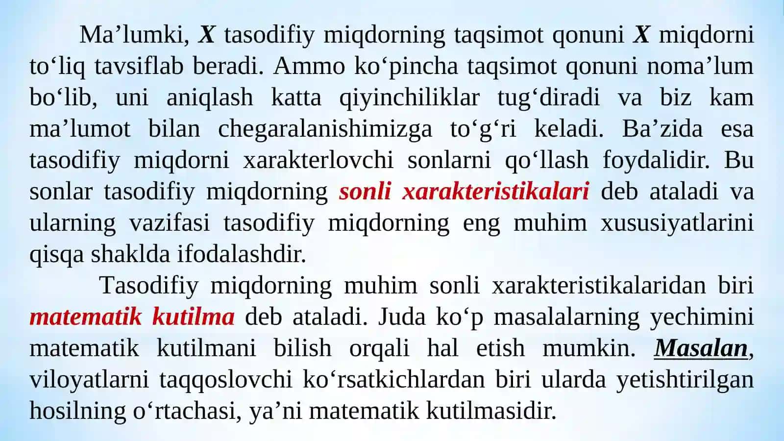 TASODIFIY MIQDORLARNING ASOSIY SONLI XARAKTERISTIKALARI 4