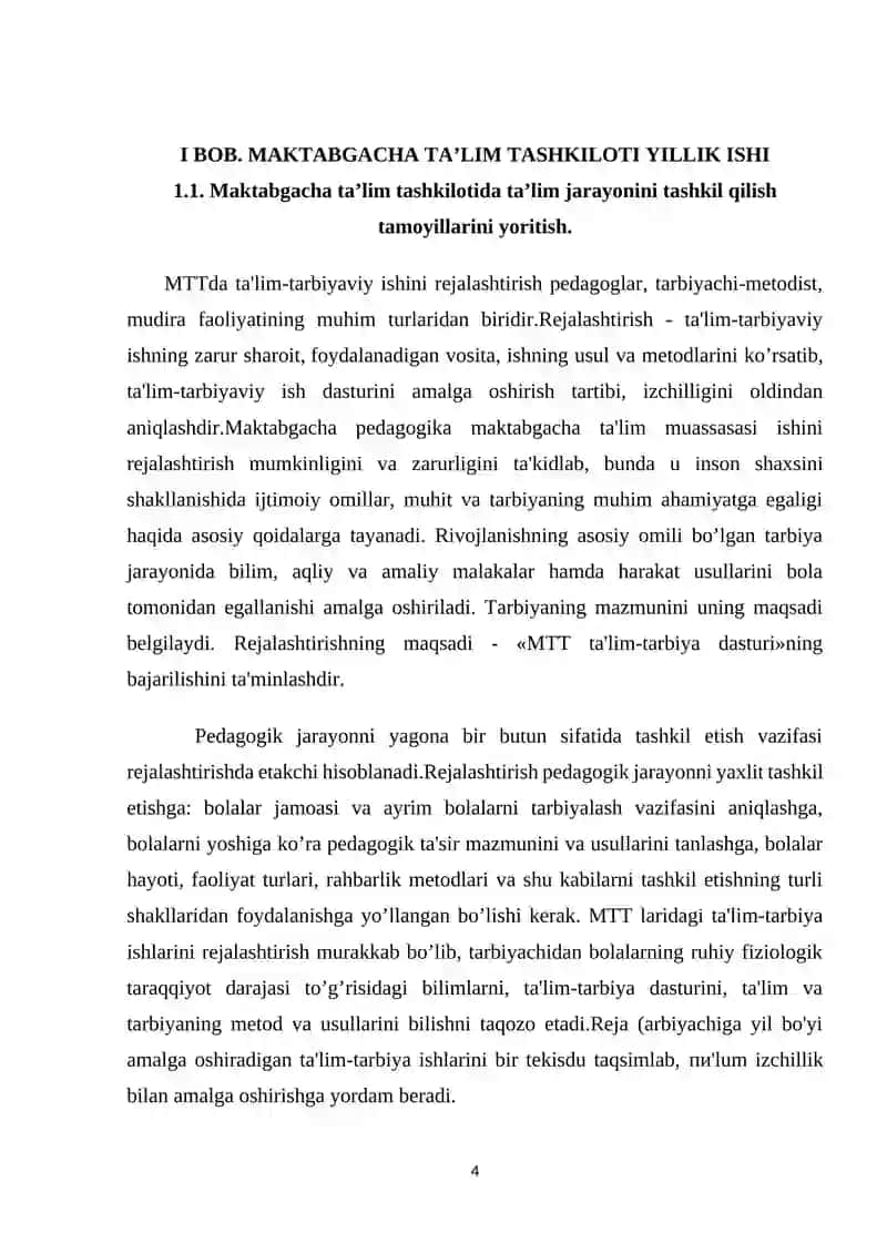 MAKTABGACHA TA'LIM TASHKILOTI YILLIK ISH REJASI VA UNING YURITILISHI 4