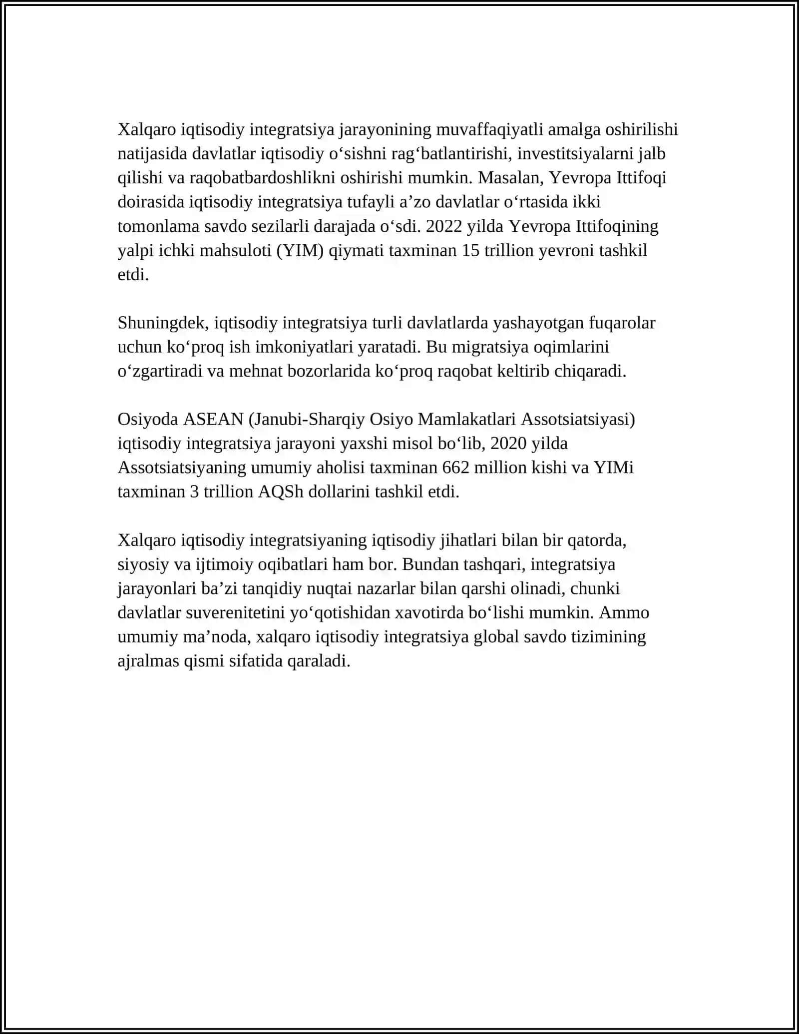XALQARO IQTISODIY INTEGRATSIYA, UNING MAZMUNI VA SHAKILLARI 4