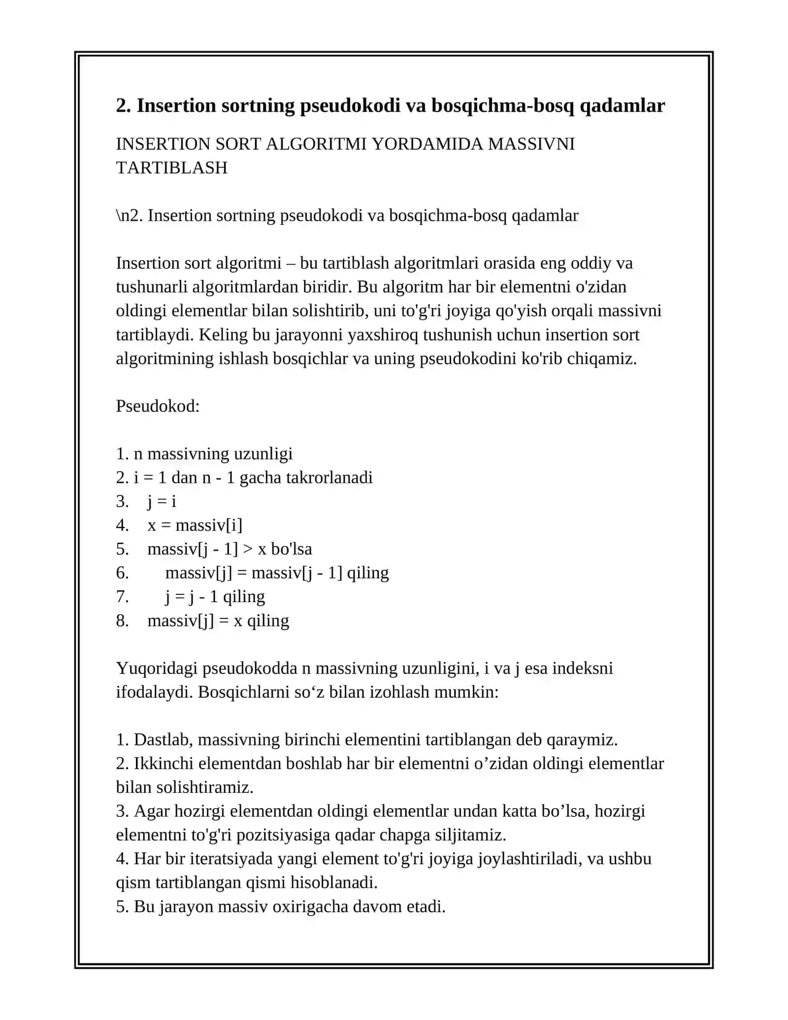 INSERTION SORT ALGORITMI YORDAMIDA MASSIVNI TARTIBLANG 4