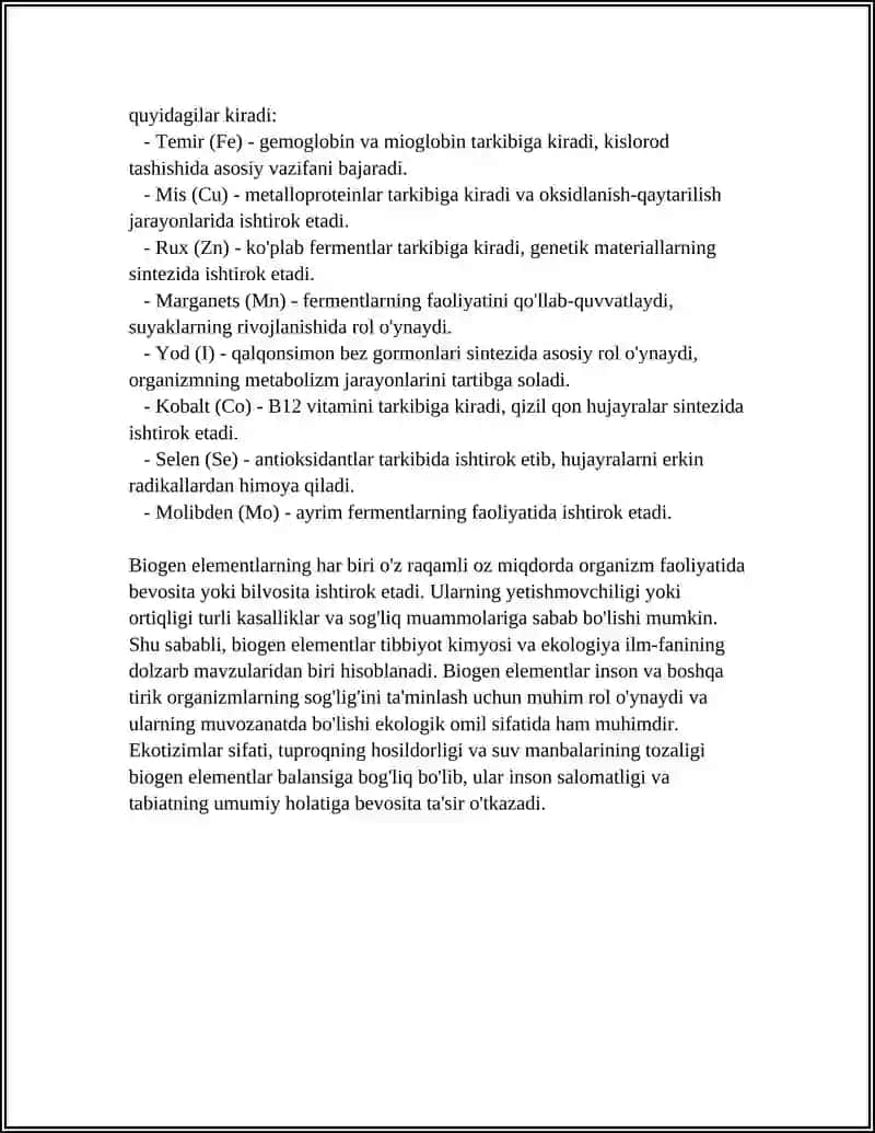 TIBBIY KIMYO. KIMYO VA ATROF MUHIT BIOGEN ELEMENTLAR 4