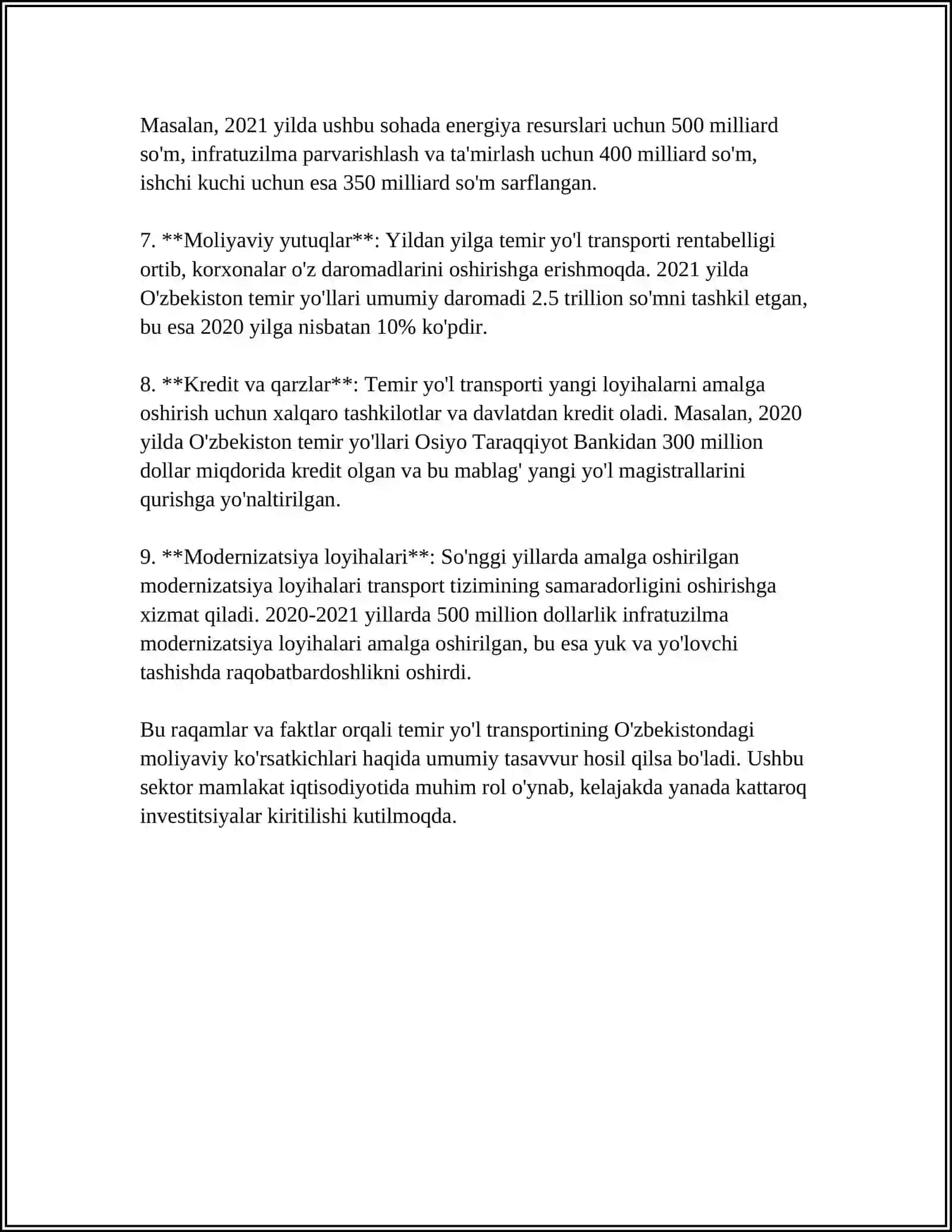 TRANSPORT (TEMIR YO’L, AVTOMOBIL) KORXONALARI MOLIYAVIY NATIJALARINING TAHLILI 4