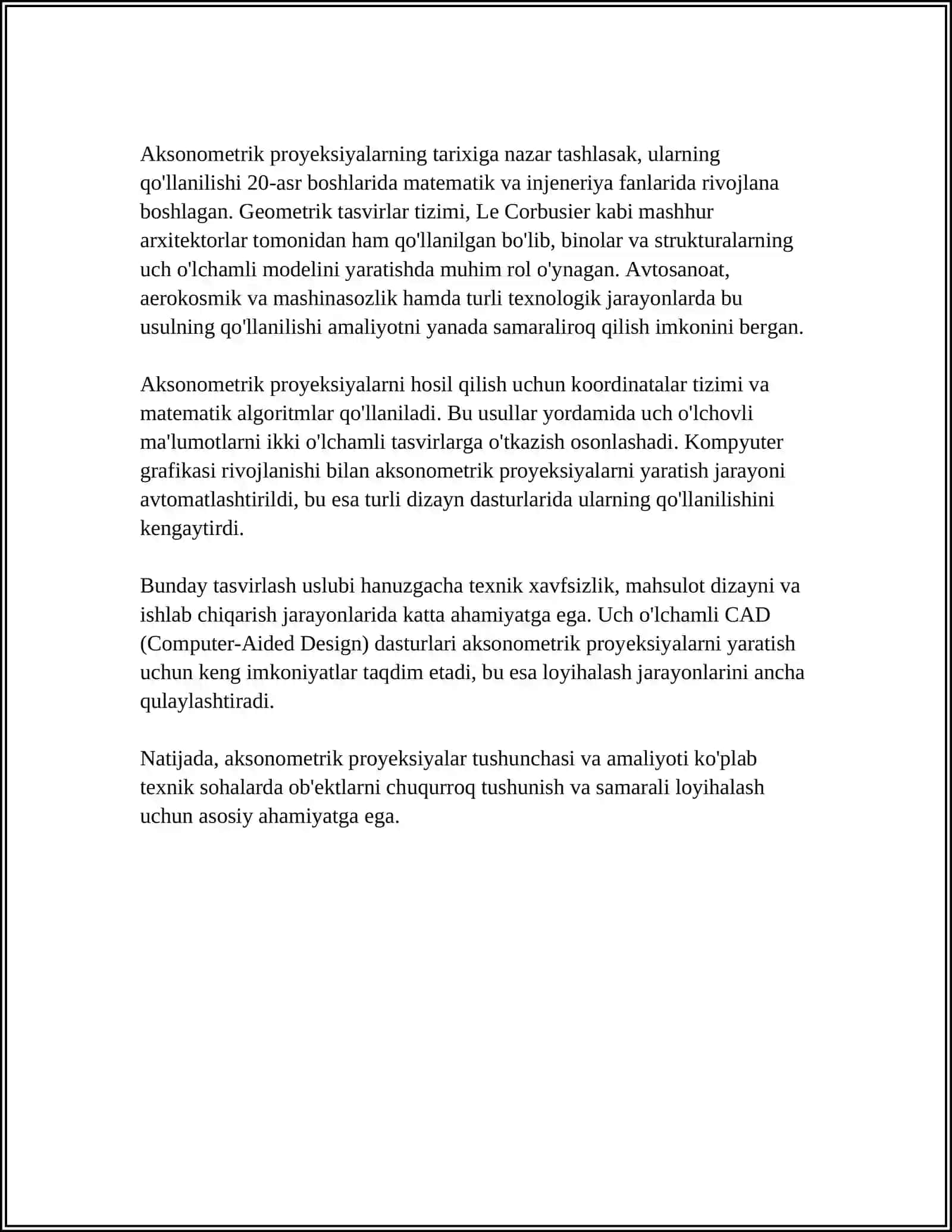 AKSONOMETRIK PROYEKSIYALAR. QIYSHIQ VA TO'G'RI BURCHAKLI PROYEKSIYALAR. DIMETRIYA 4