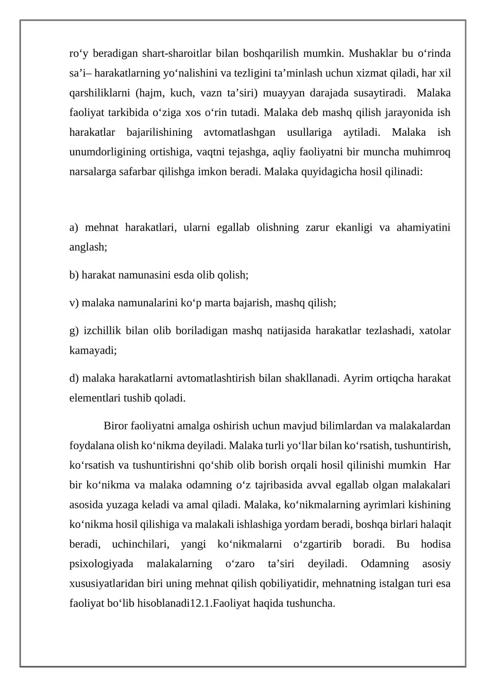 Faoliyot o'zlashtirish va malakalarni egallash 4