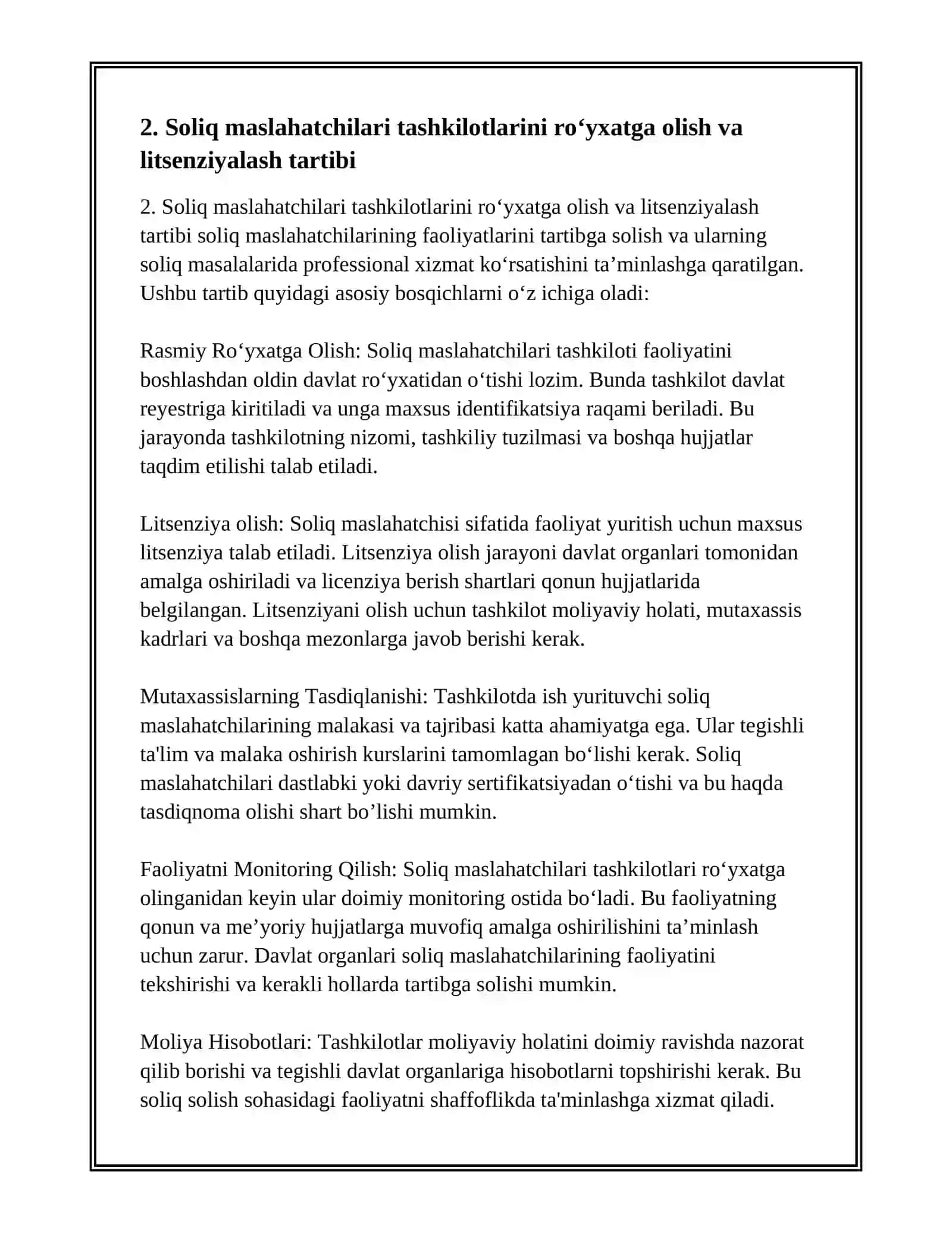 SOLIQ MASLAHATCHILARI TASHKILOTLARINING SOLIQ TOʼLOVCHILAR IXTIYORIY TUGATILAYOTGANDA SOLIQLAR BOʼYICHA XULOSA BERISH HUQUQIGA EGA BO‘LISH TARTIBI 4