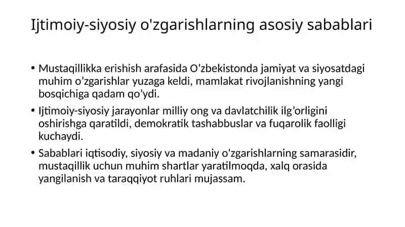 Mustaqillikka erishisharafasida O’zbekiston ijtimaio-siyosiy jarayonlar 4