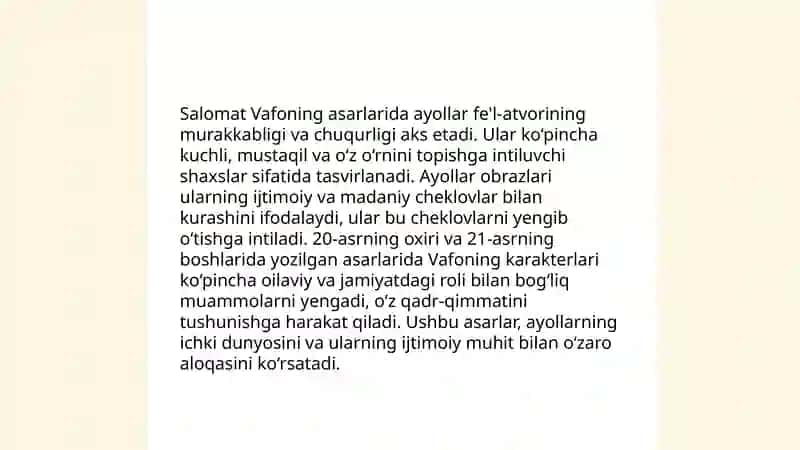 Salomat vafo asarlarga ayol obrozining badiiy talqini 4