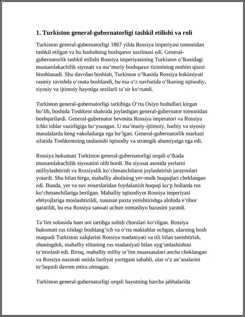 Turkiston general-gubernatorligi tashkil etilishi va roli 4