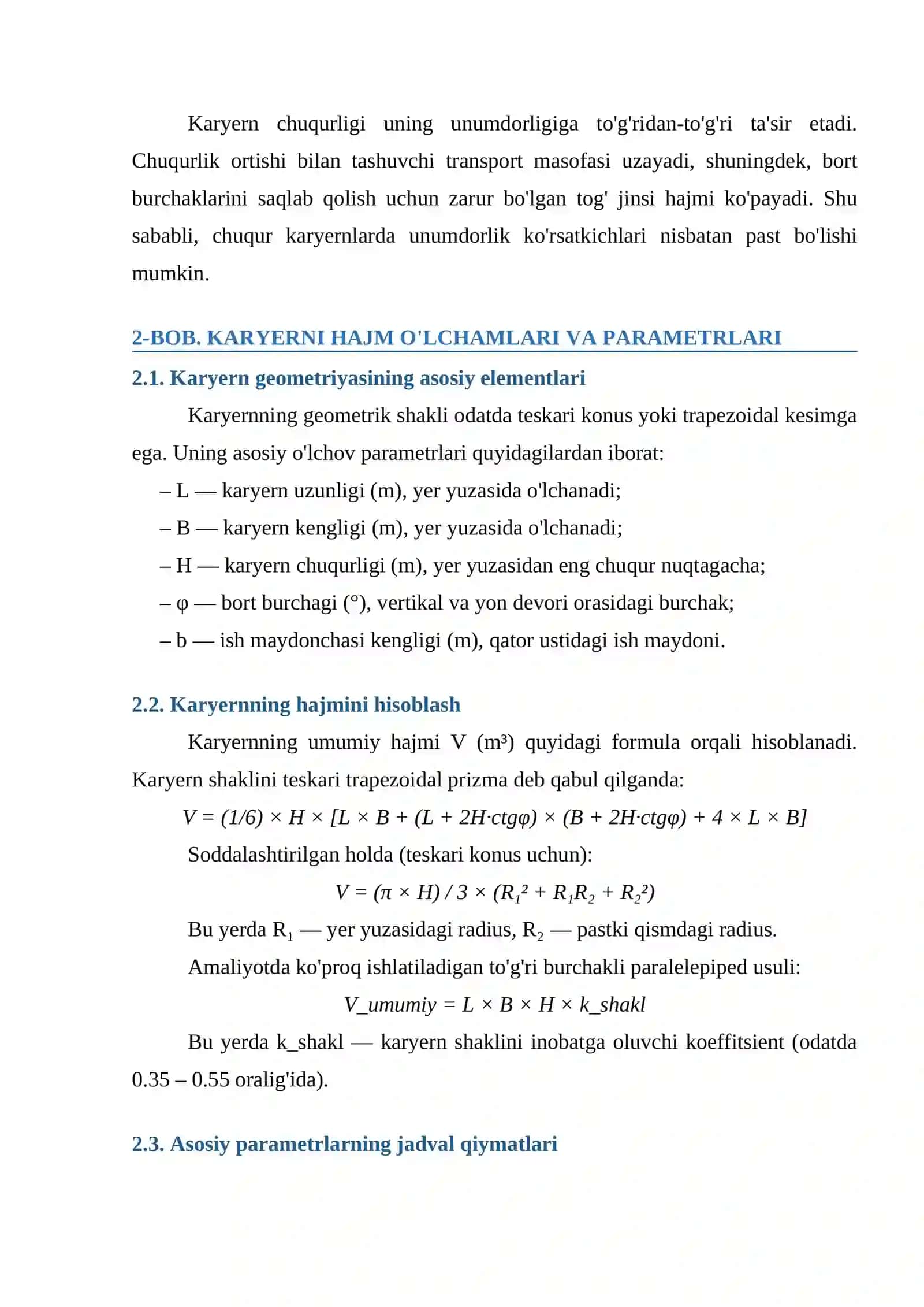 Karyerni Hajmi O'lchamlari Ishlab Chiqarish Unumdorligini Aniqlash 4