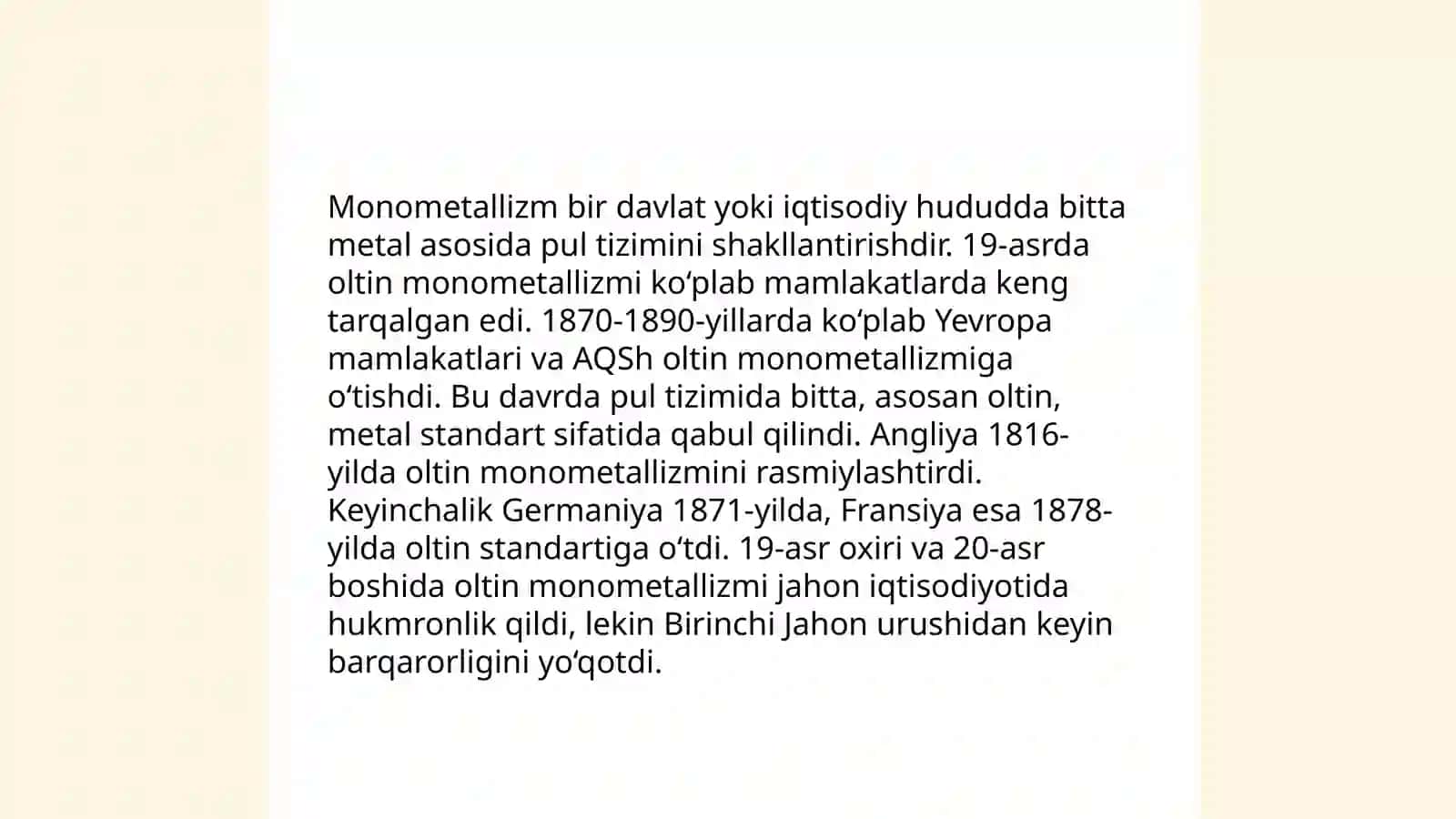Monometalizm pul tizimining oʻziga xos xususiyatlari 4