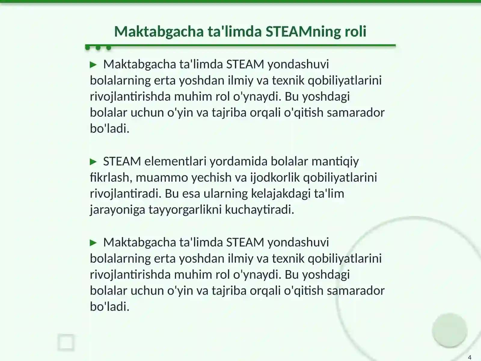 Maktabgacha talimda STEAM elementlaridan foydalanish mavzusi 4