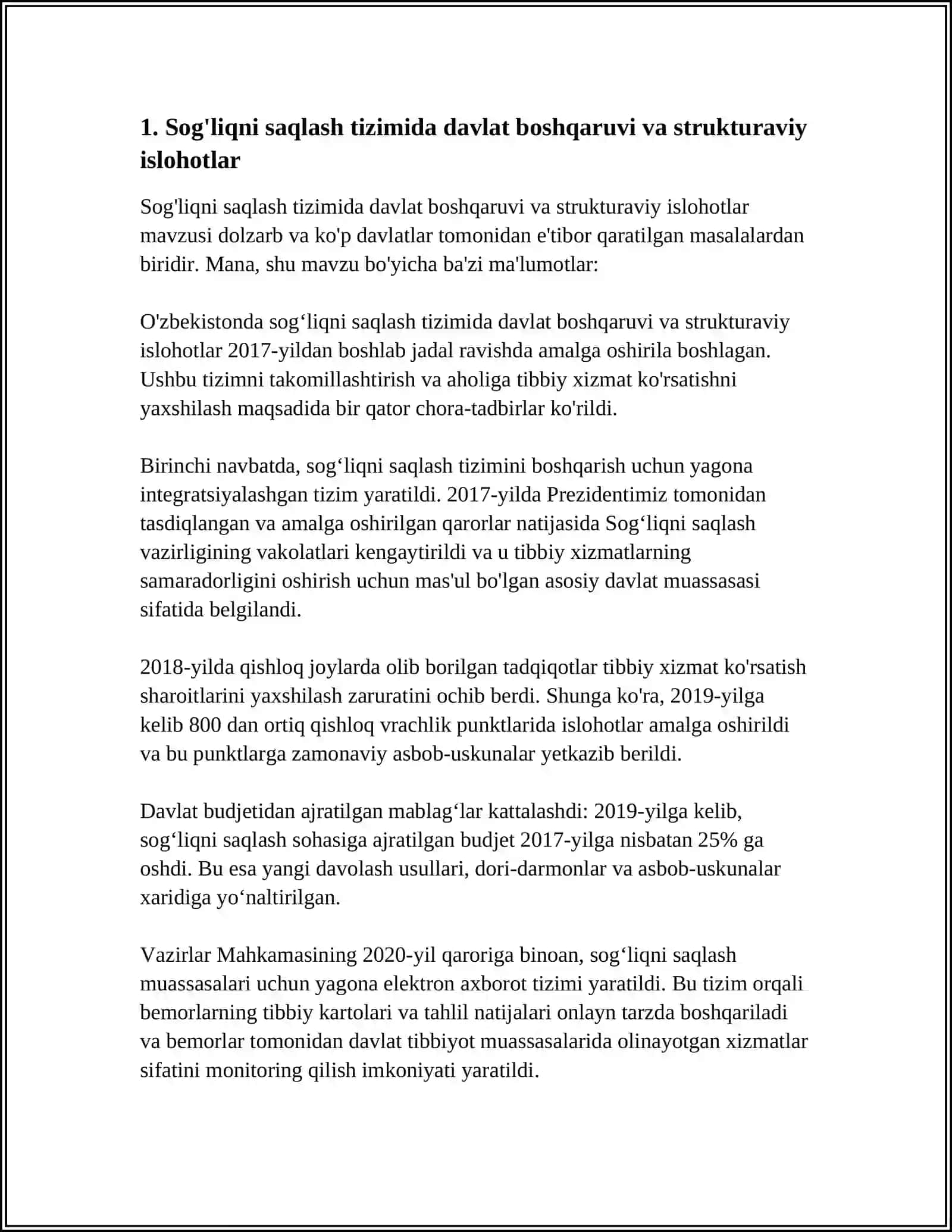 RESPUBLIKAMIZDA MUSTAQILLIK YILLARIDA AHOLINI IJTIMOIY MUHOFAZA QILISH VA SOG'LIQNI SAQLASH TIZIMIDA OLIB BORILGAN CHORA-TADBIRLAR 4