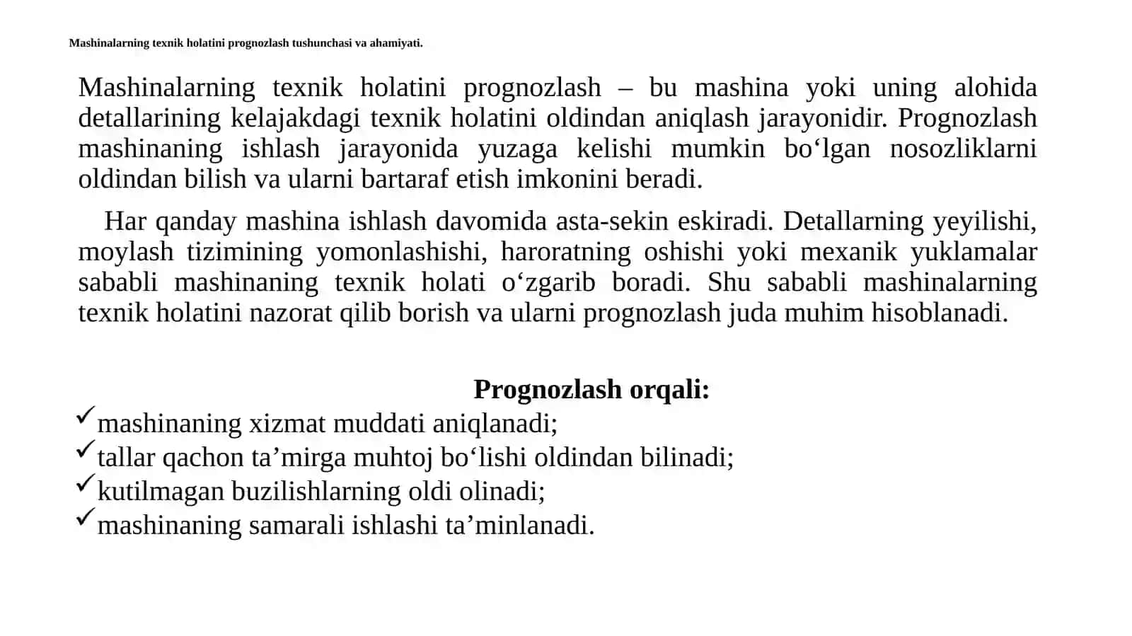 Mashinalarning texnik holatini prognozlash tushunchasi. 4