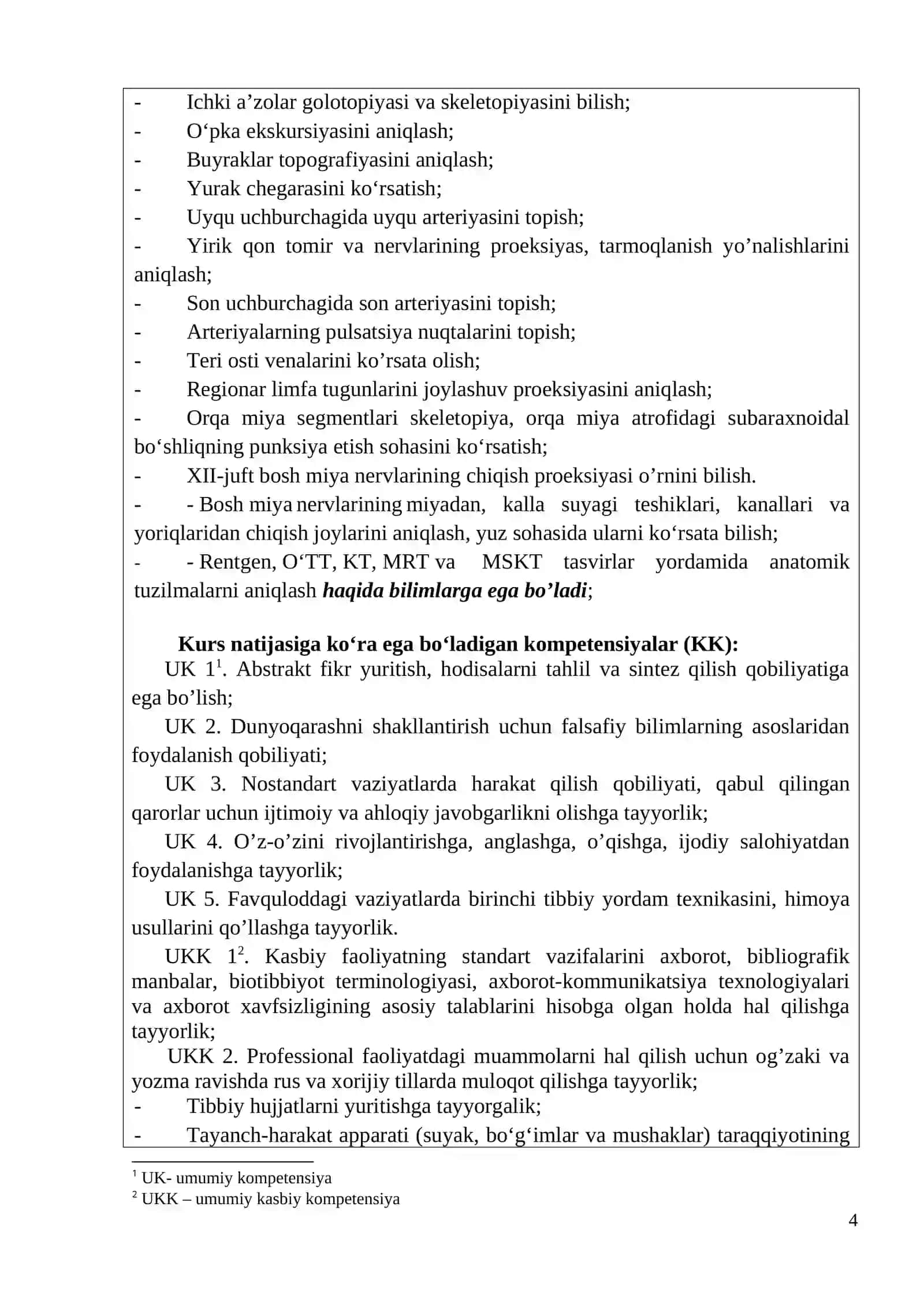 BOSH VA BO`YIN ANATOMIYASI O‘QUV DASTURI (SILLABUS) 4