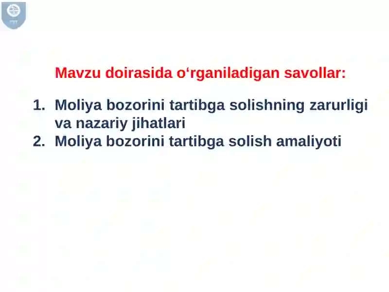 MOLIYA BOZORI TARTIBGA SOLISH 4