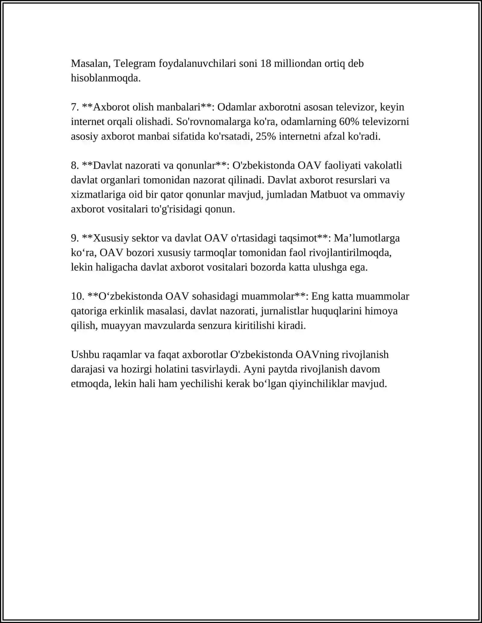 OʻZBEKISTONNING " MATBUOT ERKINLIGI INDEKSI" DAGI OʻRNI 4