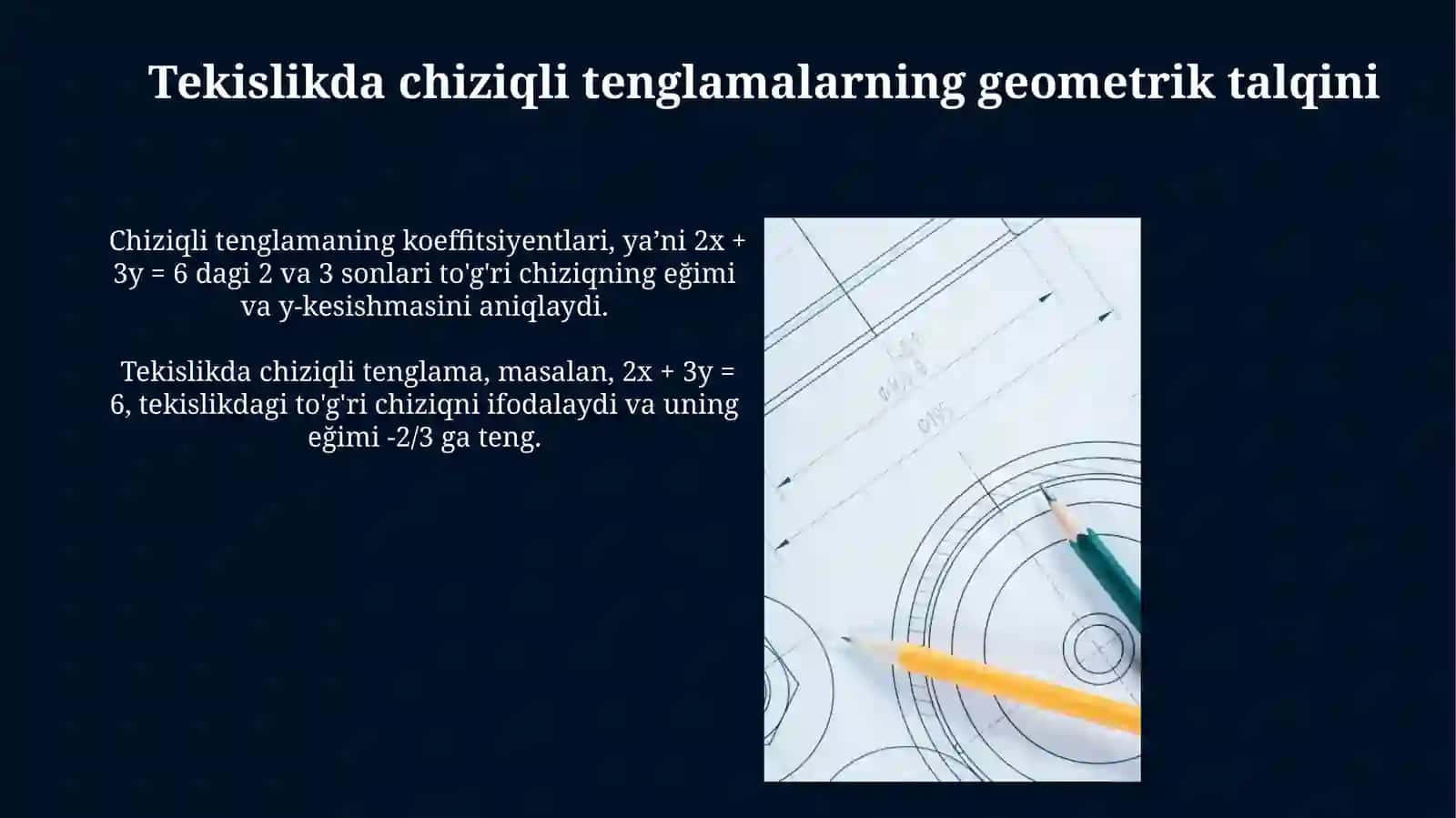 Tekislikdagi toʻgʻri chiziq tenglamalarining geometrik talqini 4