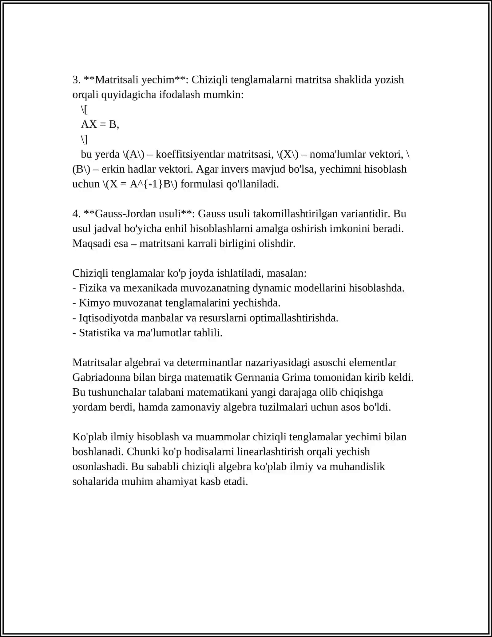 CHIZIQLI TENGLAMALAR SISTEMASINI TURLI USULLARDA ISHLASH 4