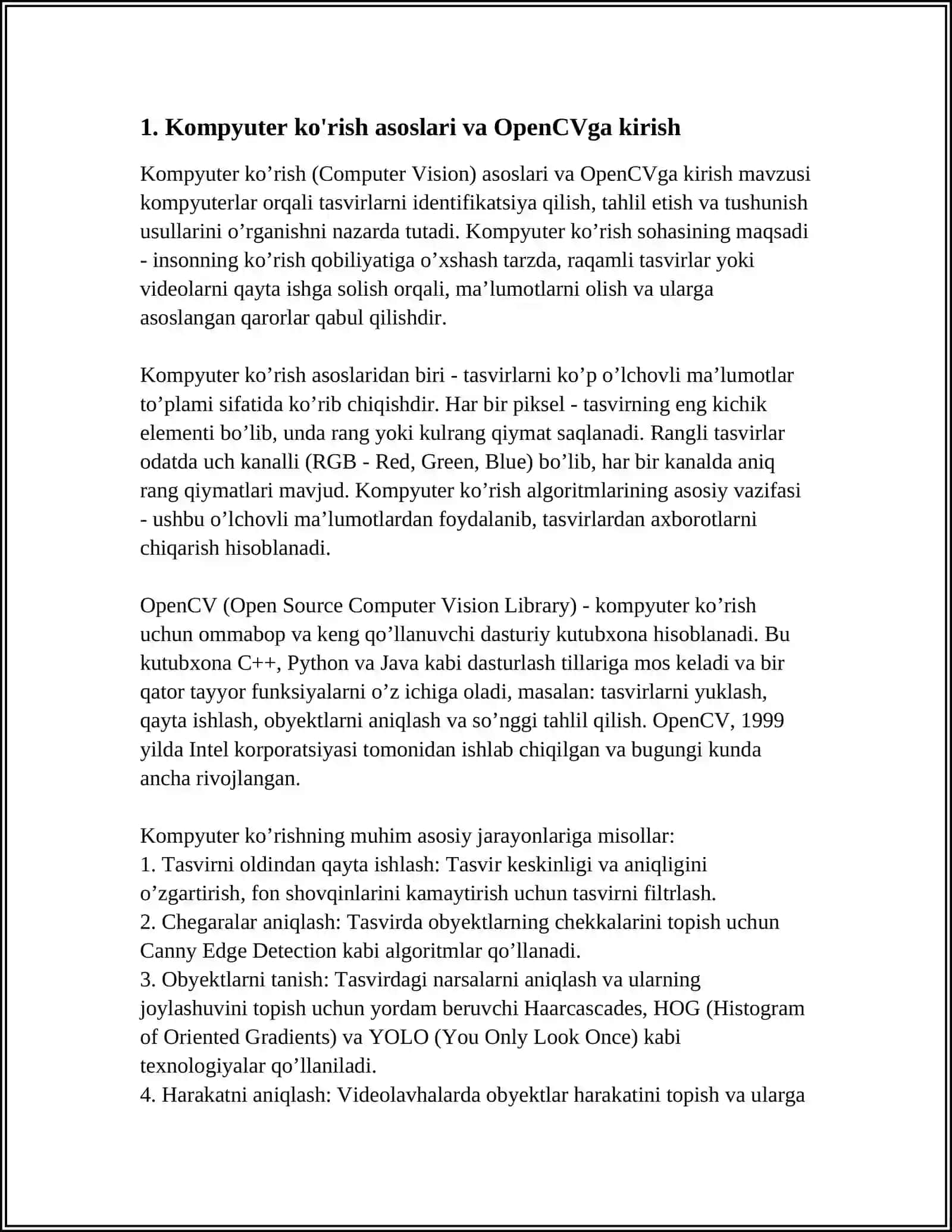KOMPYUTER KO'RISH (COMPUTER VISION) ASOSLARI VA OPENCV DAN FOYDALANISH 4